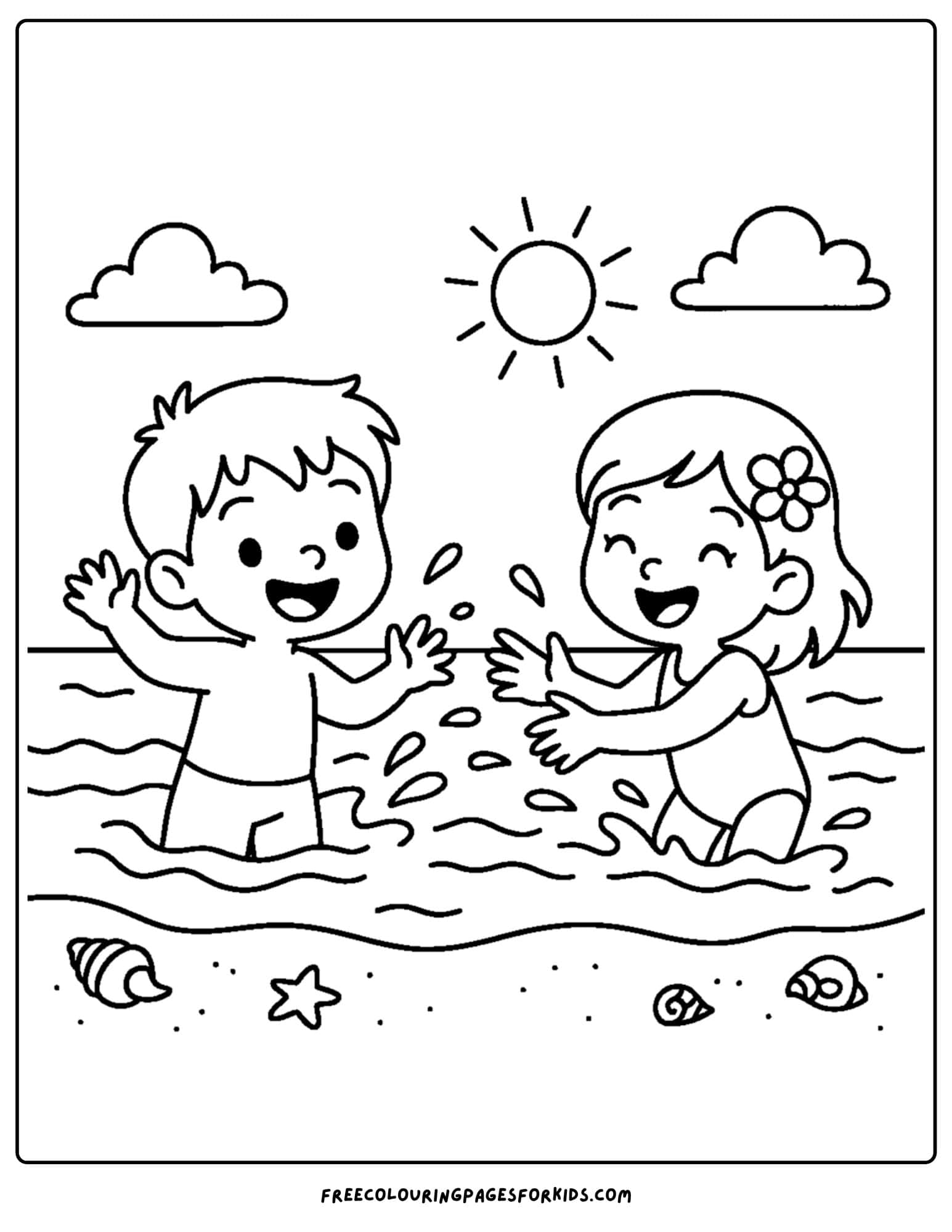 a beach coloring page featuring kids splashing in the water at the beach