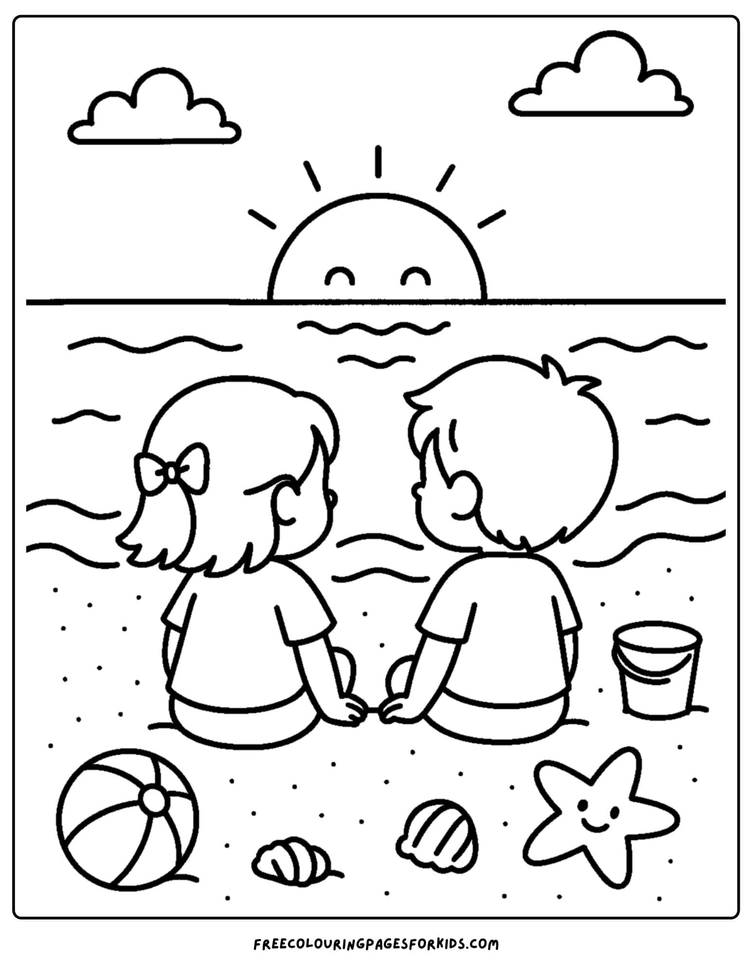 a beach coloring page featuring two kids sitting on the sand watching the sunset on the beach