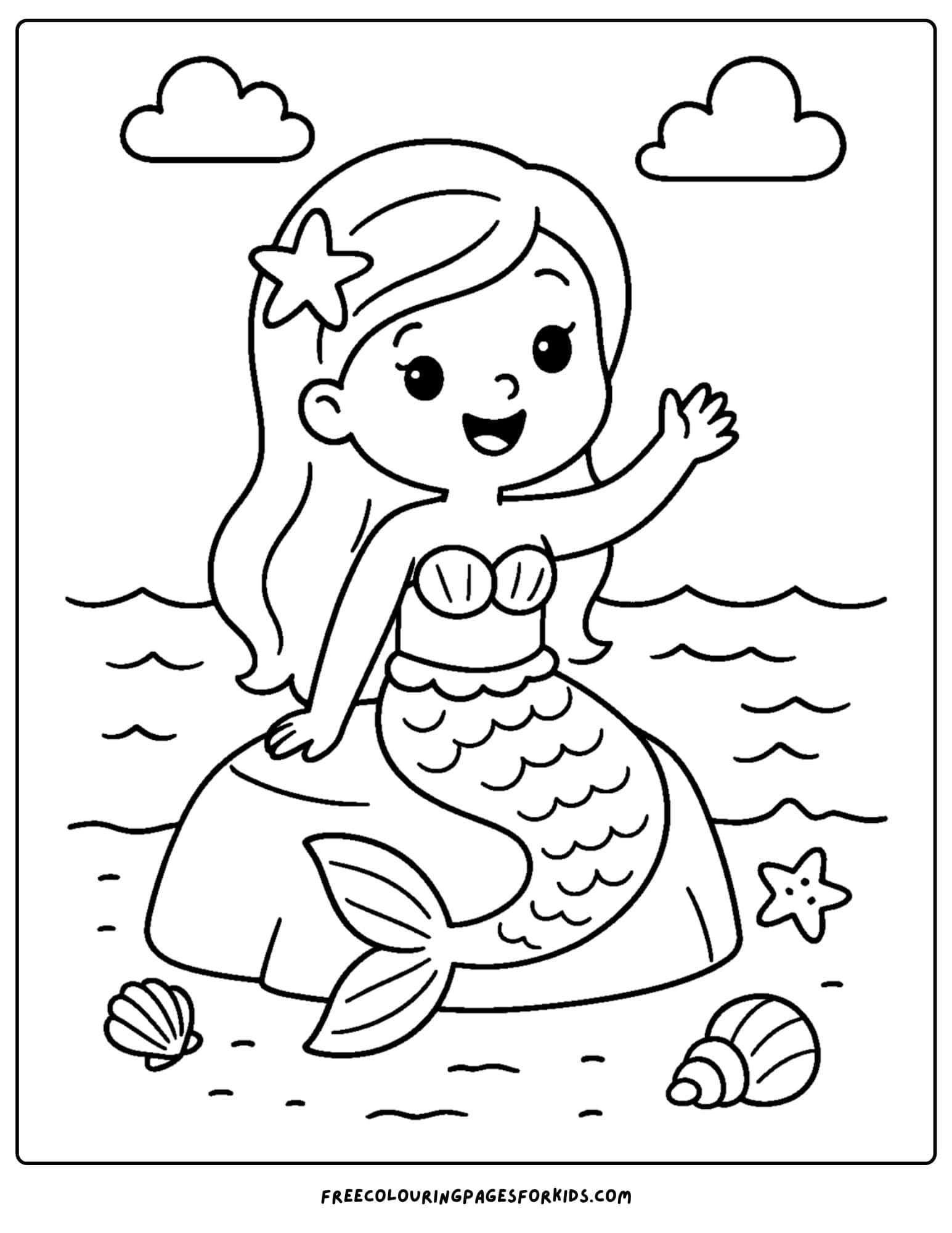 a beach coloring page featuring a mermaid sitting on a rock waving
