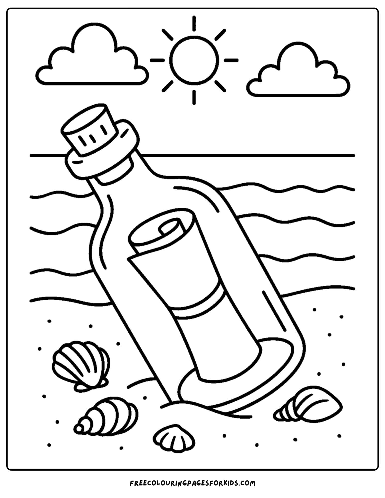 a beach coloring page featuring a message in a bottle washed up on the beach