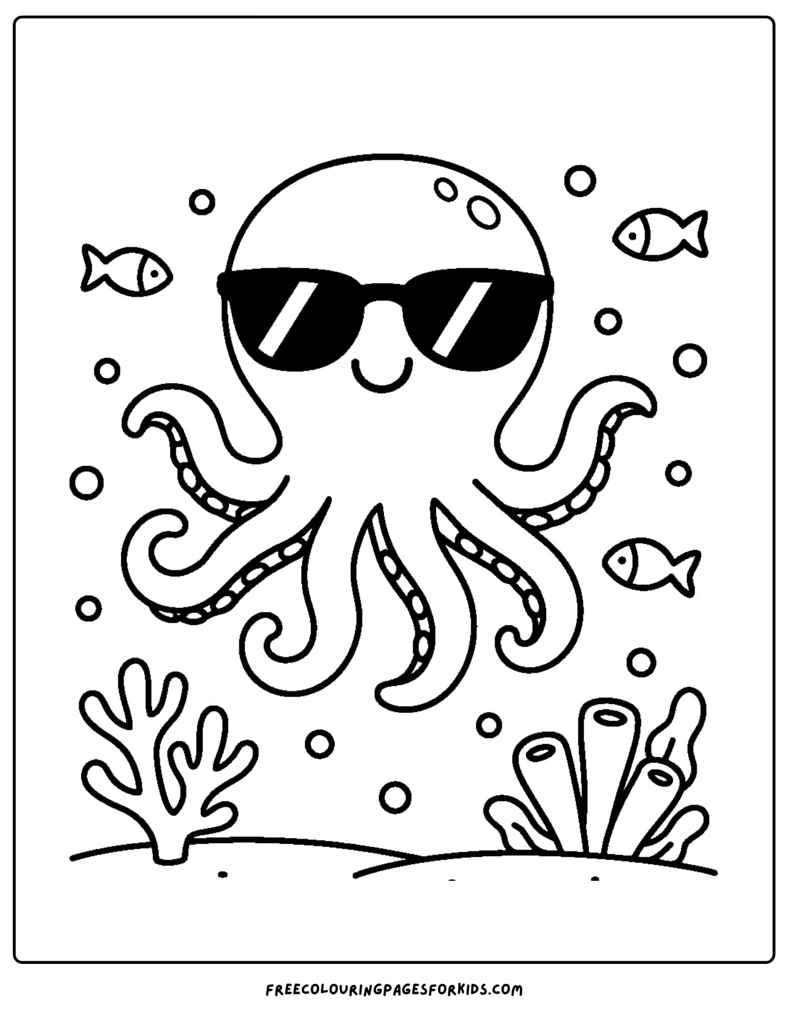 a beach coloring page featuring an octopus wearing sunglasses