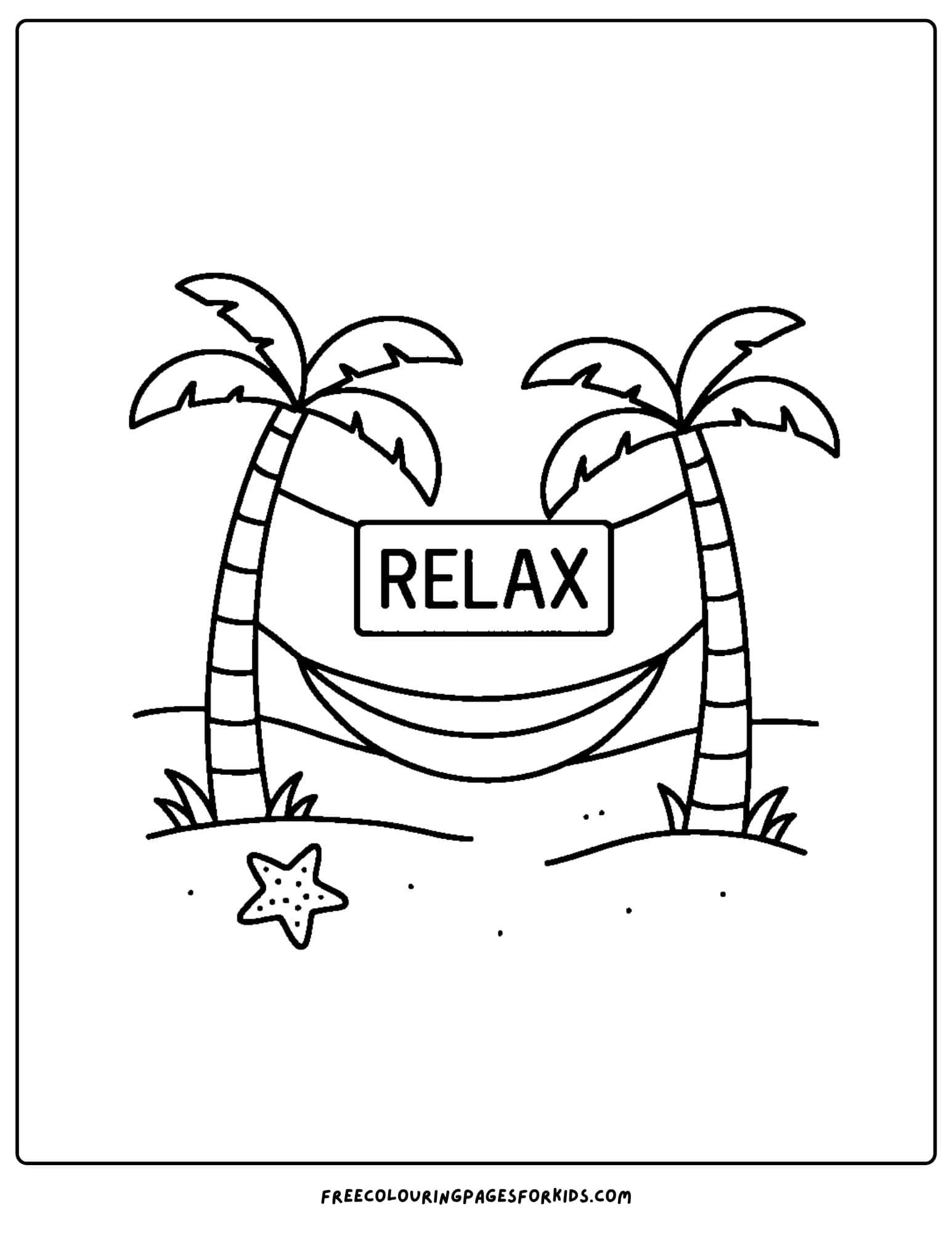 a beach coloring page featuring two palm trees with a hammock between them