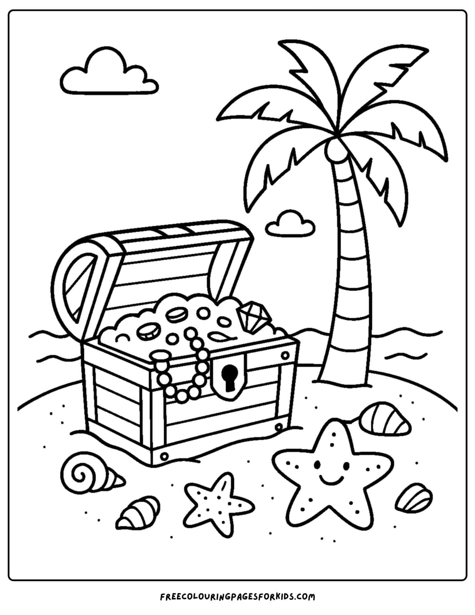 a beach coloring page featuring a pirate treasure chest on the beach