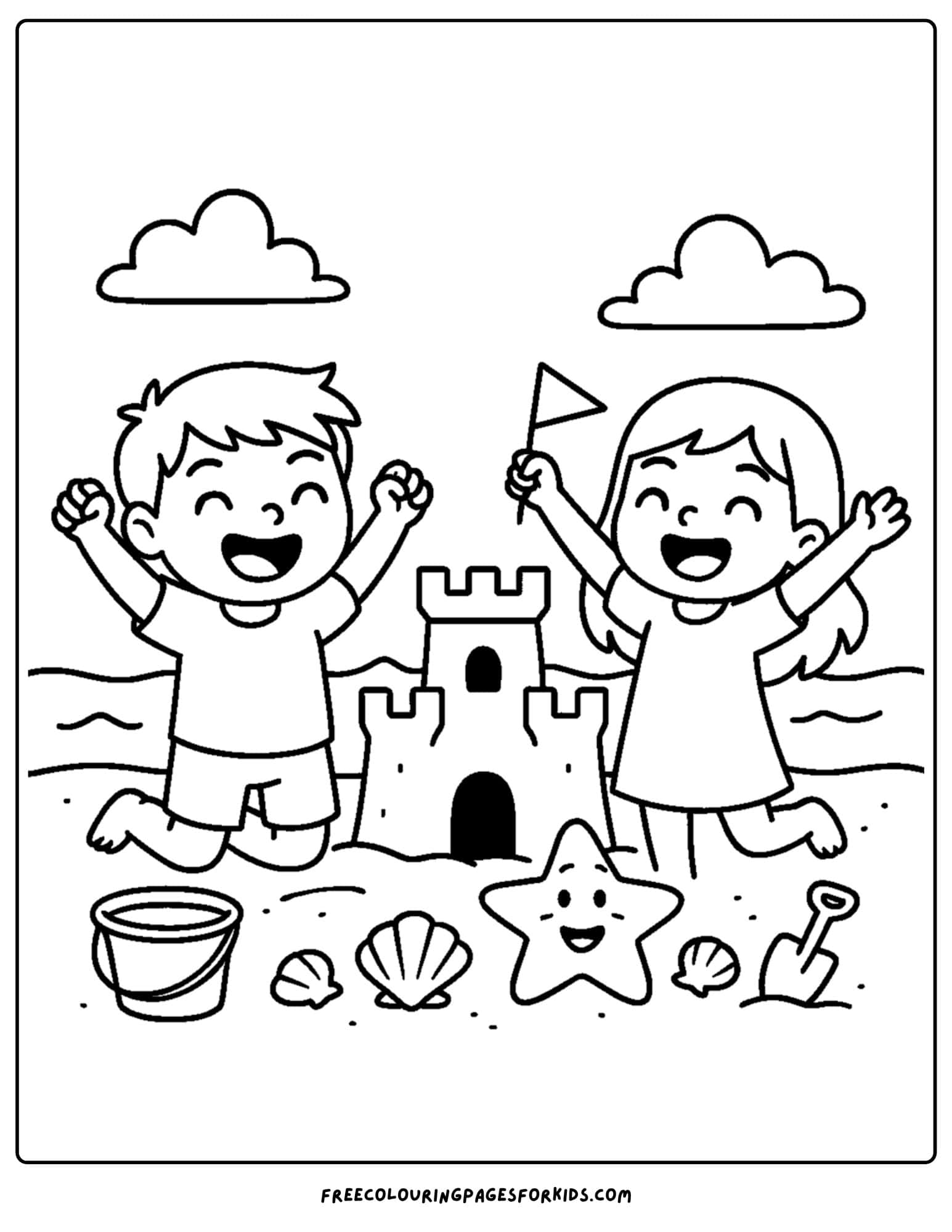 a beach coloring page featuring two kids making a sandcastle and cheering to finish it