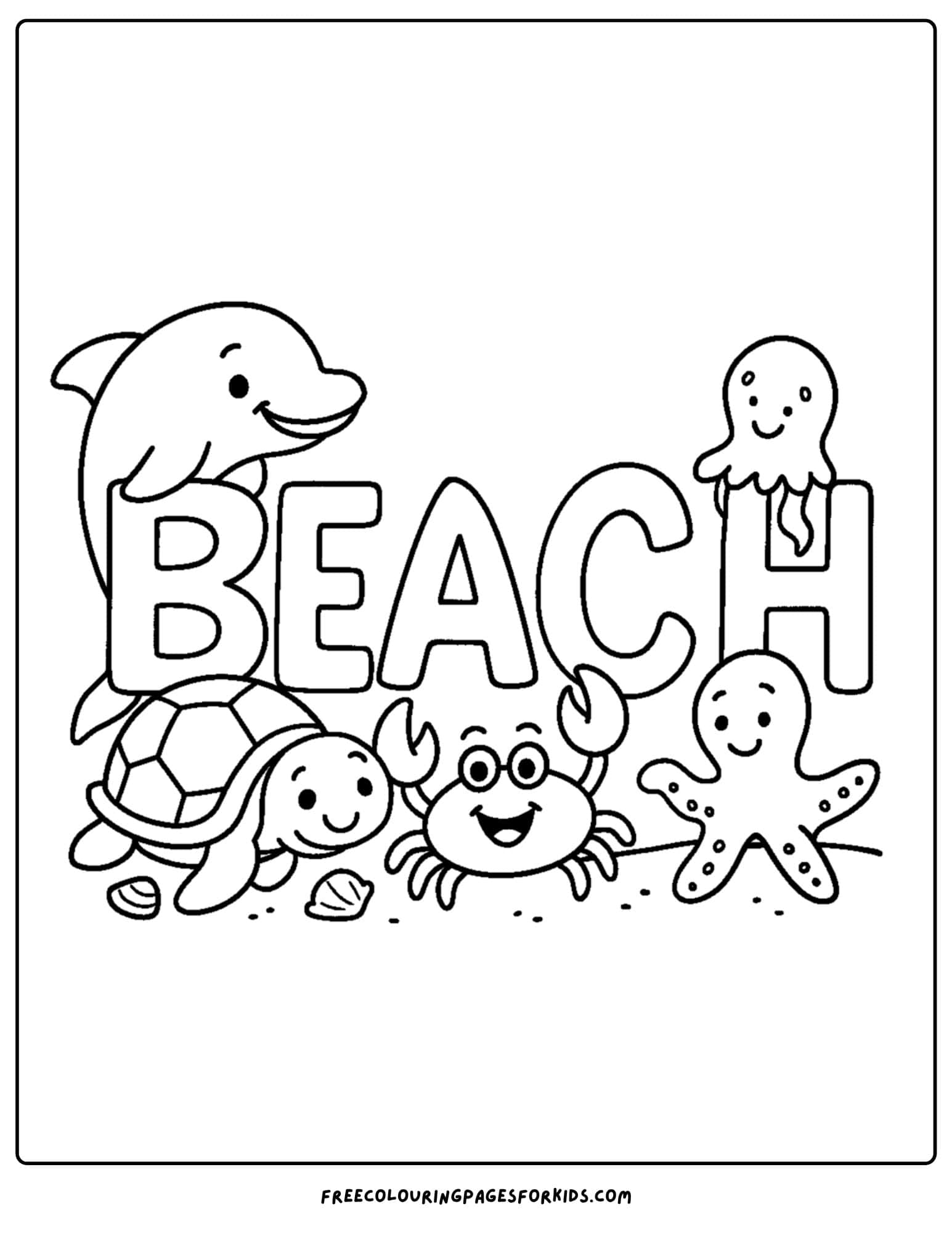 a beach coloring page featuring the word beach with sea creatures around it