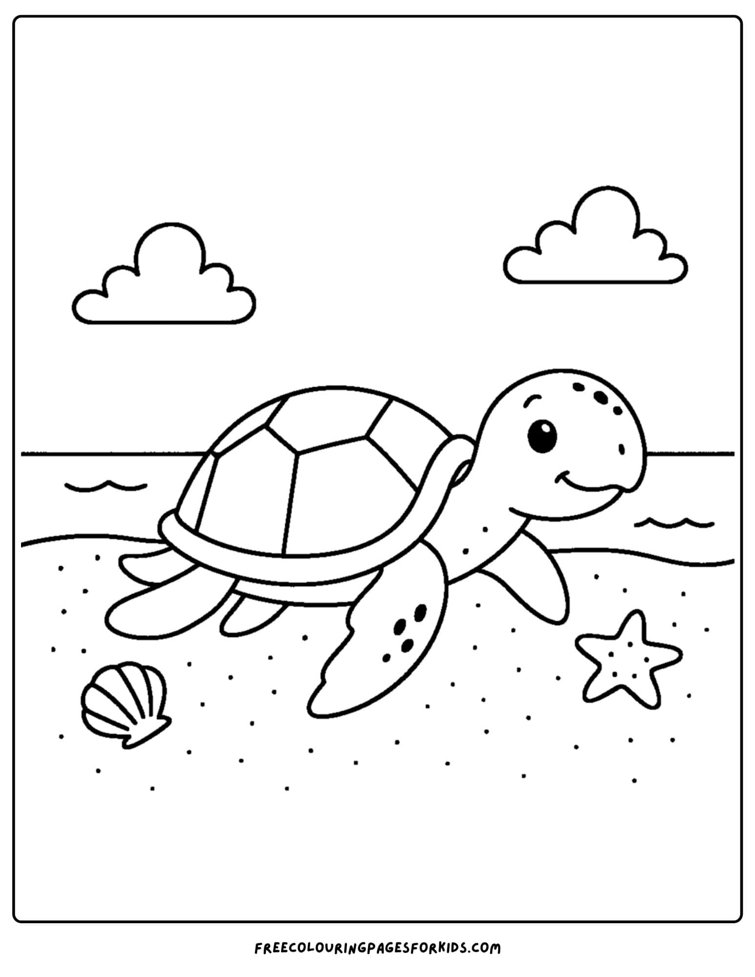 a beach coloring page featuring a turtle walking along the beach
