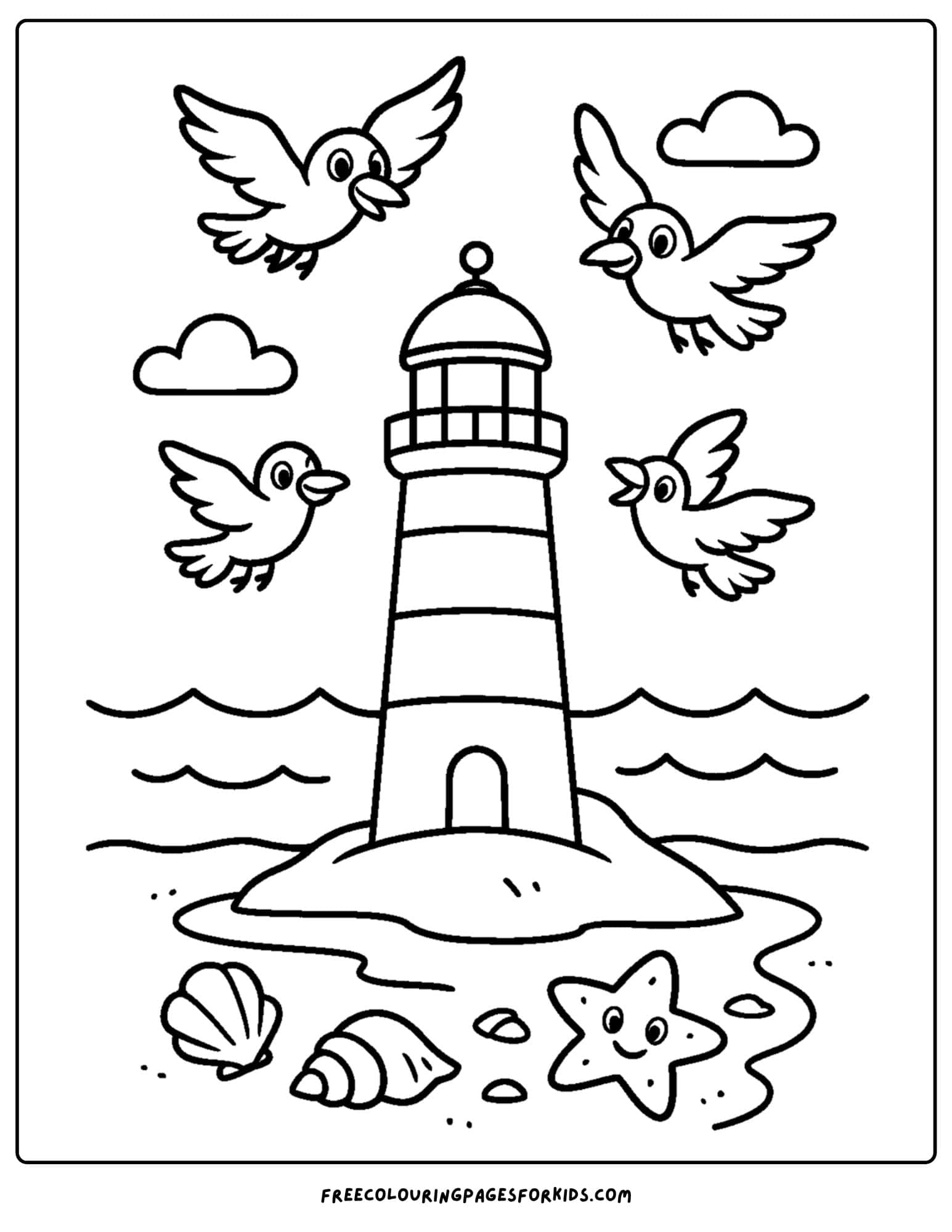 a beach coloring page featuring a lighthouse with seagulls flying above