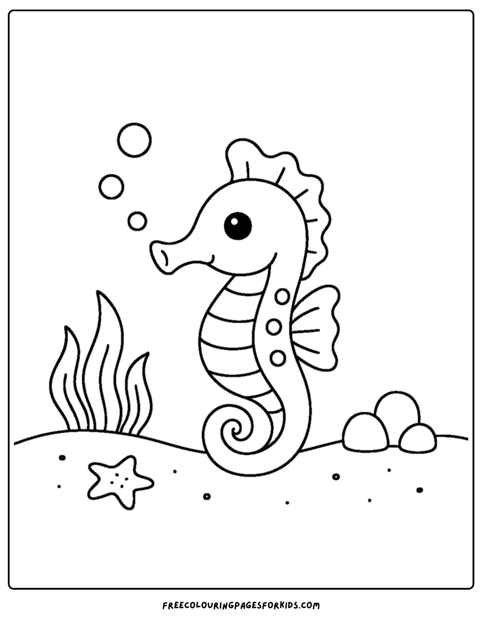 a beach coloring page featuring a seahorse under the water