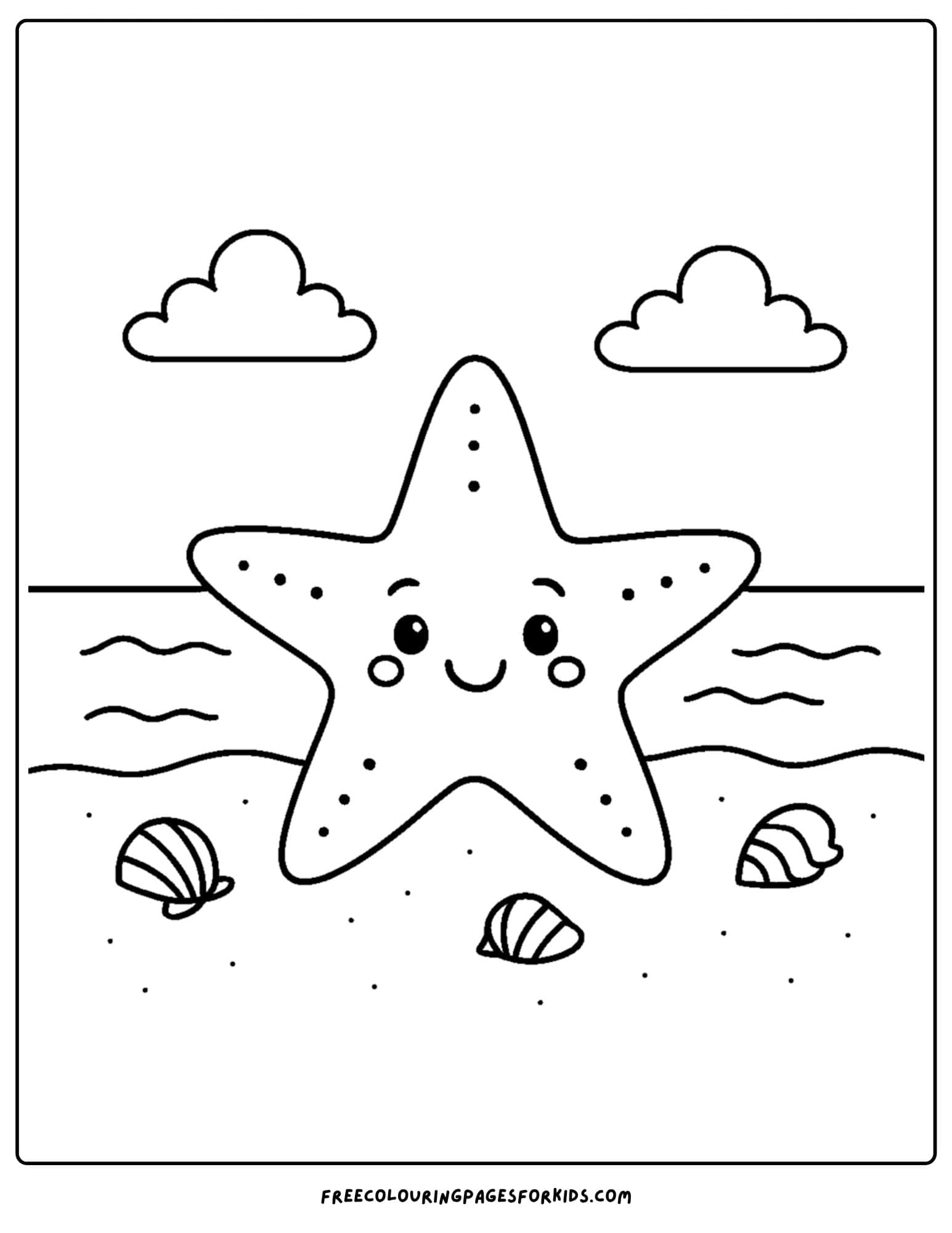 a beach coloring page featuring a starfish sitting on the sand at the beach