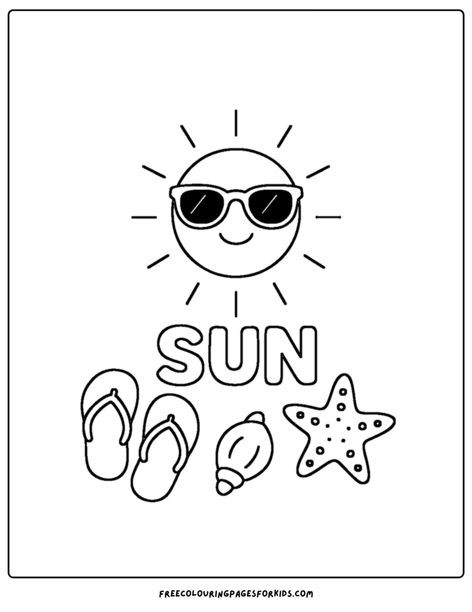 a beach coloring page featuring a sun with beach items like shells and sandals below it