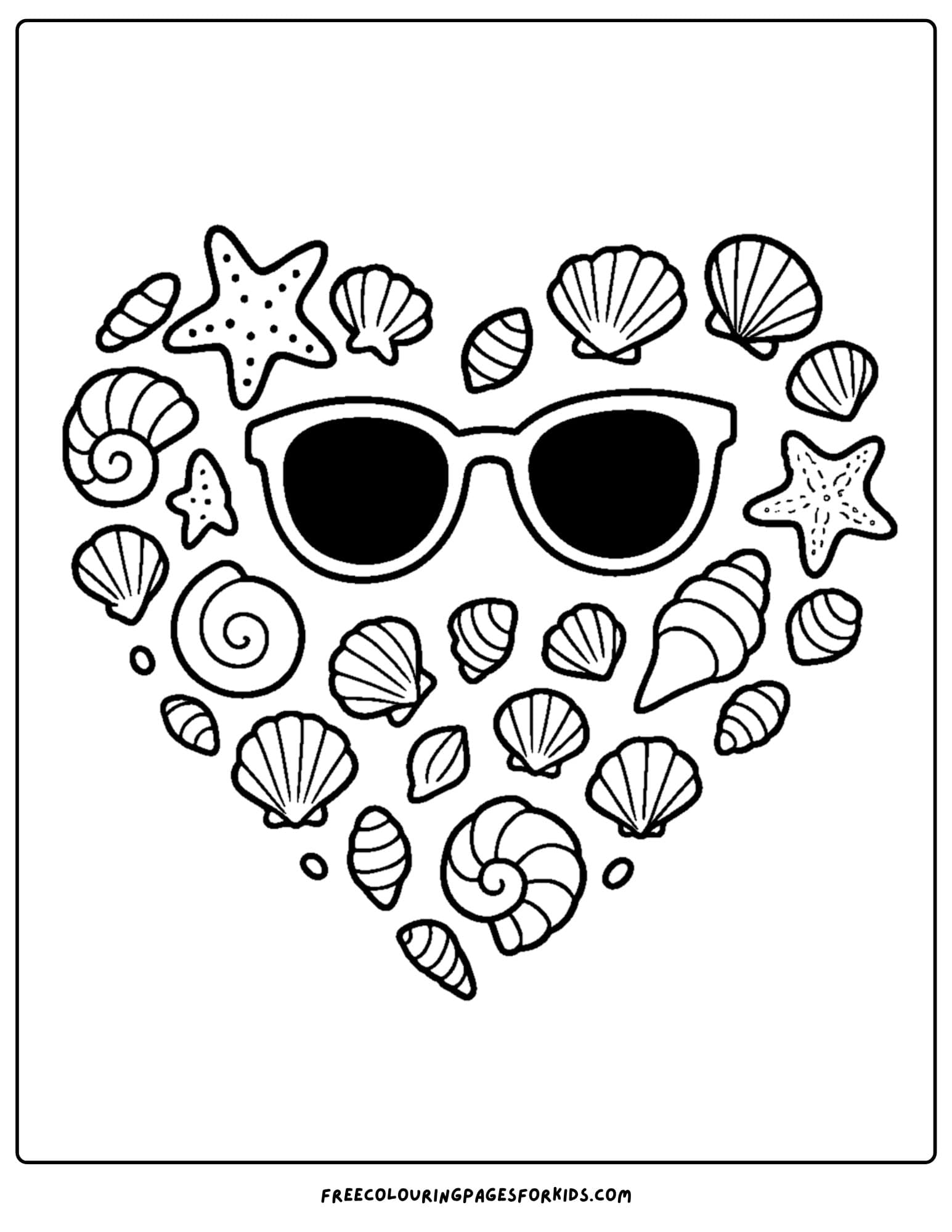 a beach coloring page featuring a heart shape made from shells with sunglasses in the middle