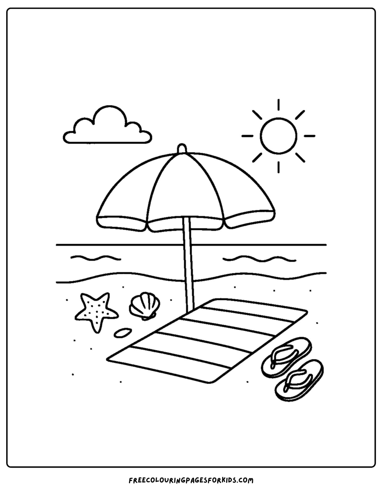 a beach coloring page featuring an umbrella, towel and sandals on the beach by the water