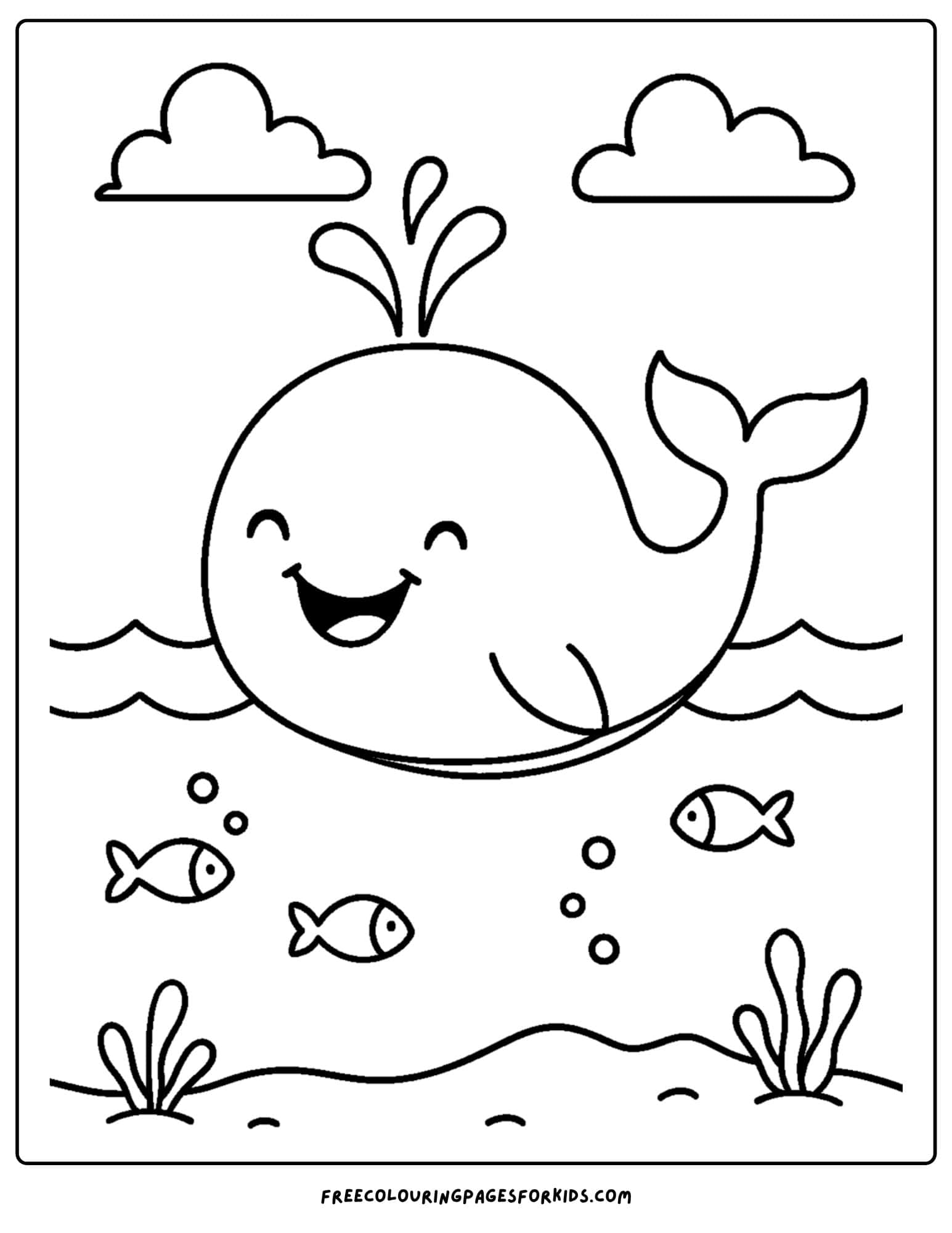 a beach coloring page featuring a whale spouting water