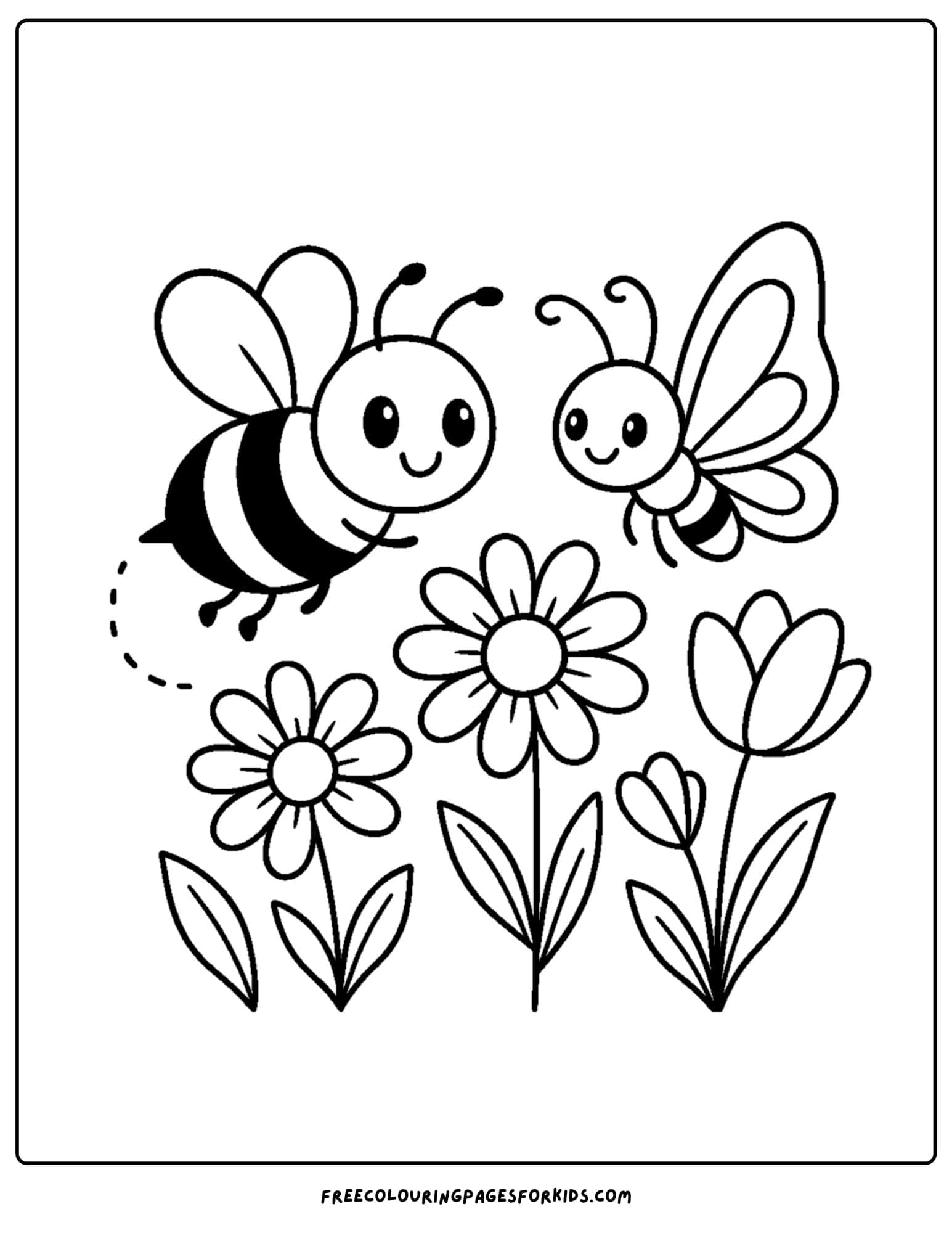 a bee coloring page featuring a bee and a butterfly flying over flowers