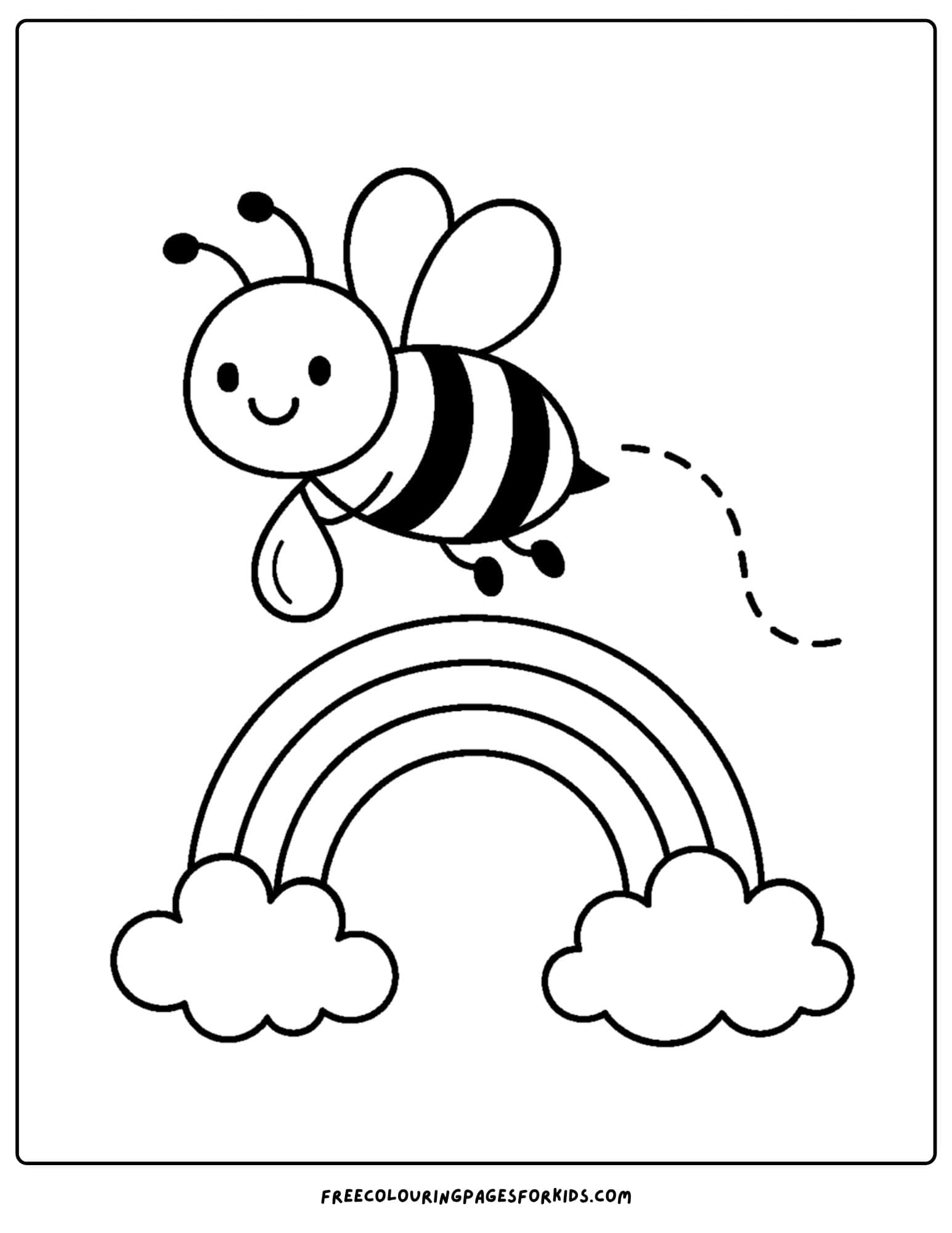 a bee coloring page featuring a bee flying over the rainbow