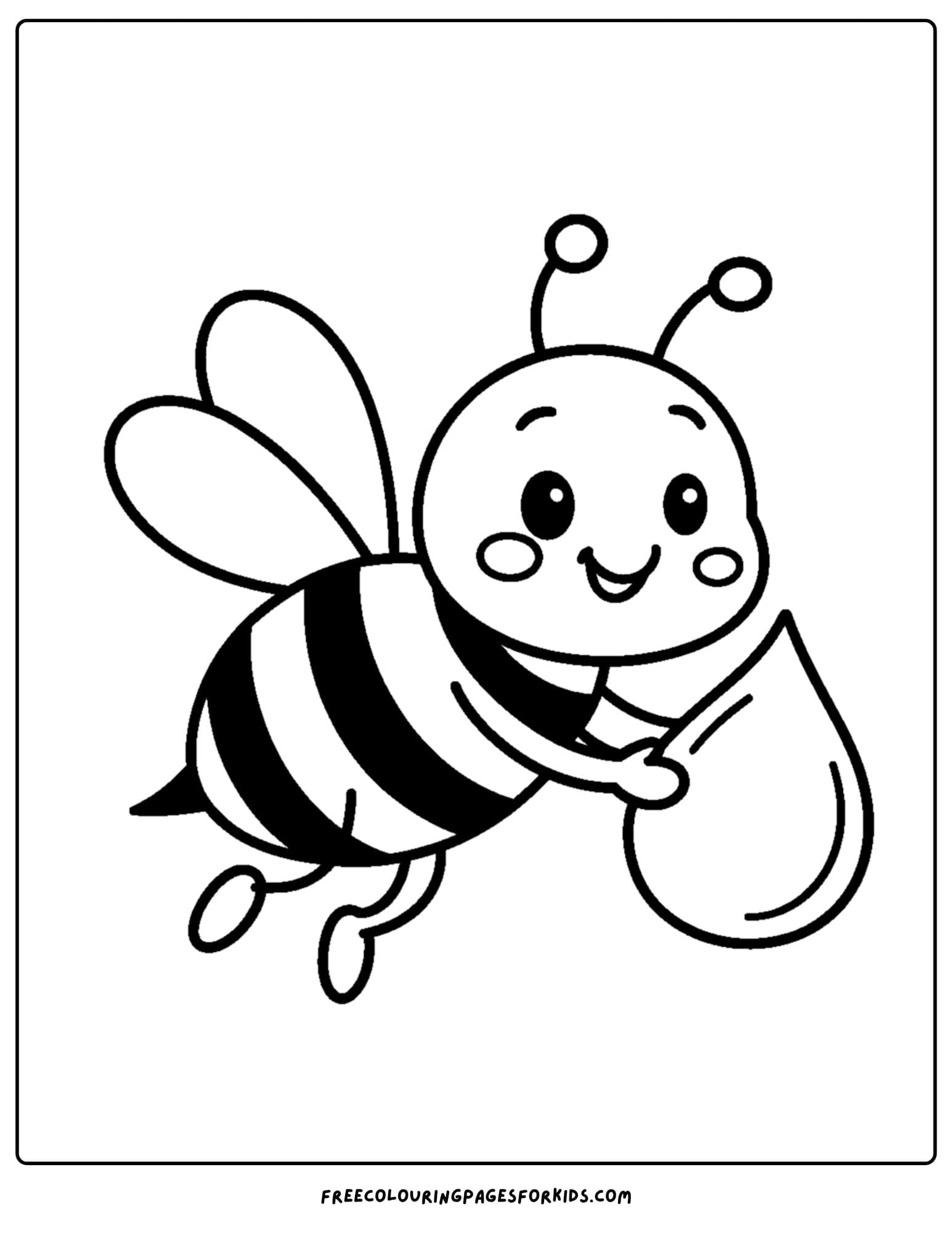 a bee coloring page featuring a bee carrying a honey drop