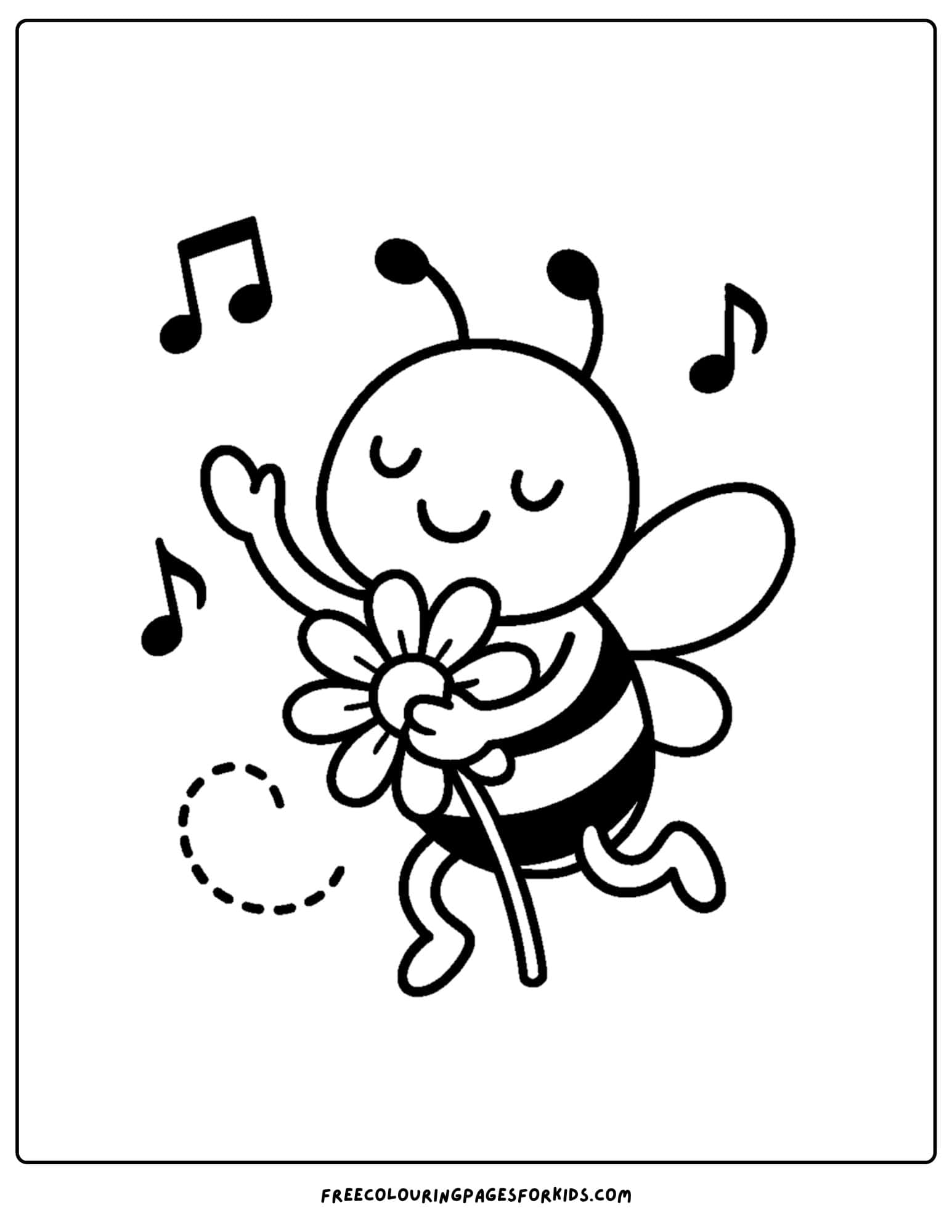a bee coloring page featuring a bee signing and dancing in the air