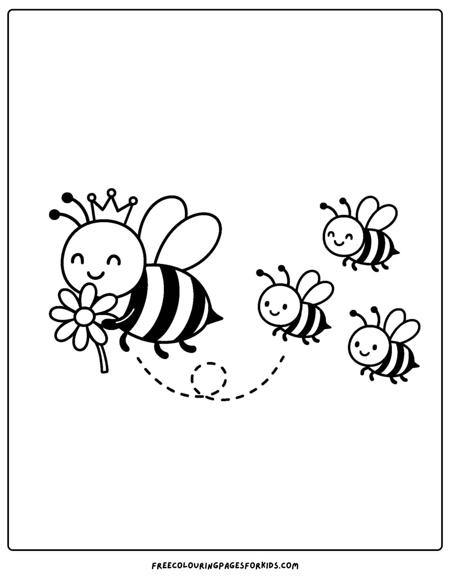 a bee coloring page featuring bees flying behind a queen bee
