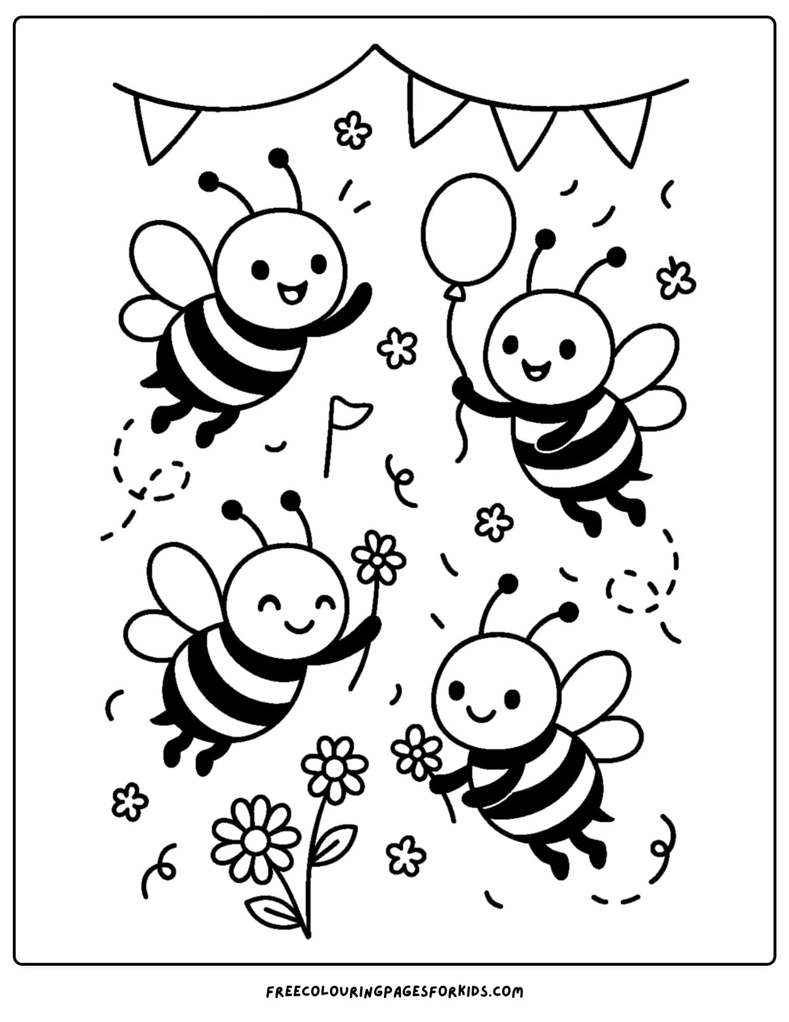 a bee coloring page featuring bees at a festival with balloons