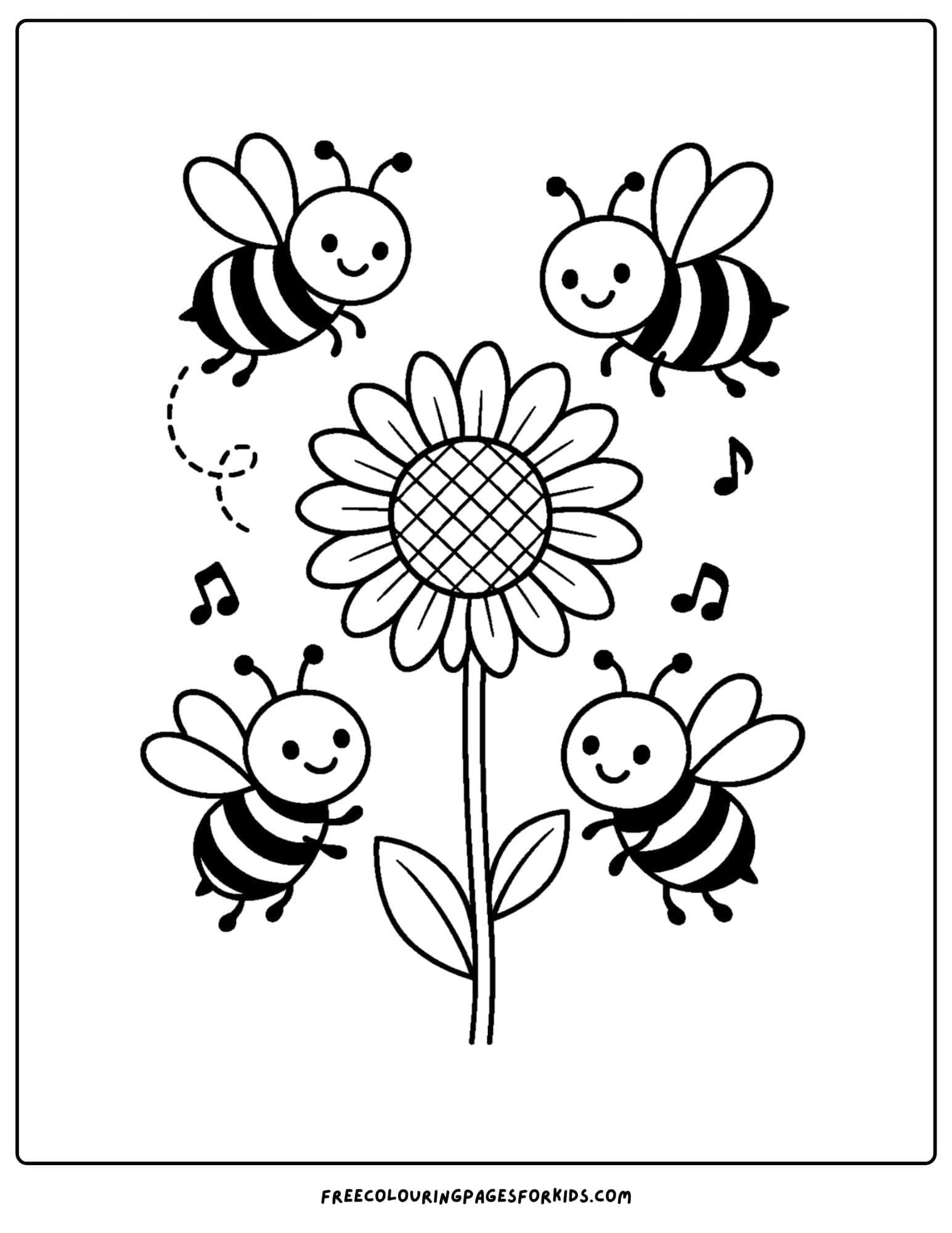 a bee coloring page featuring bees flying around a sunflower