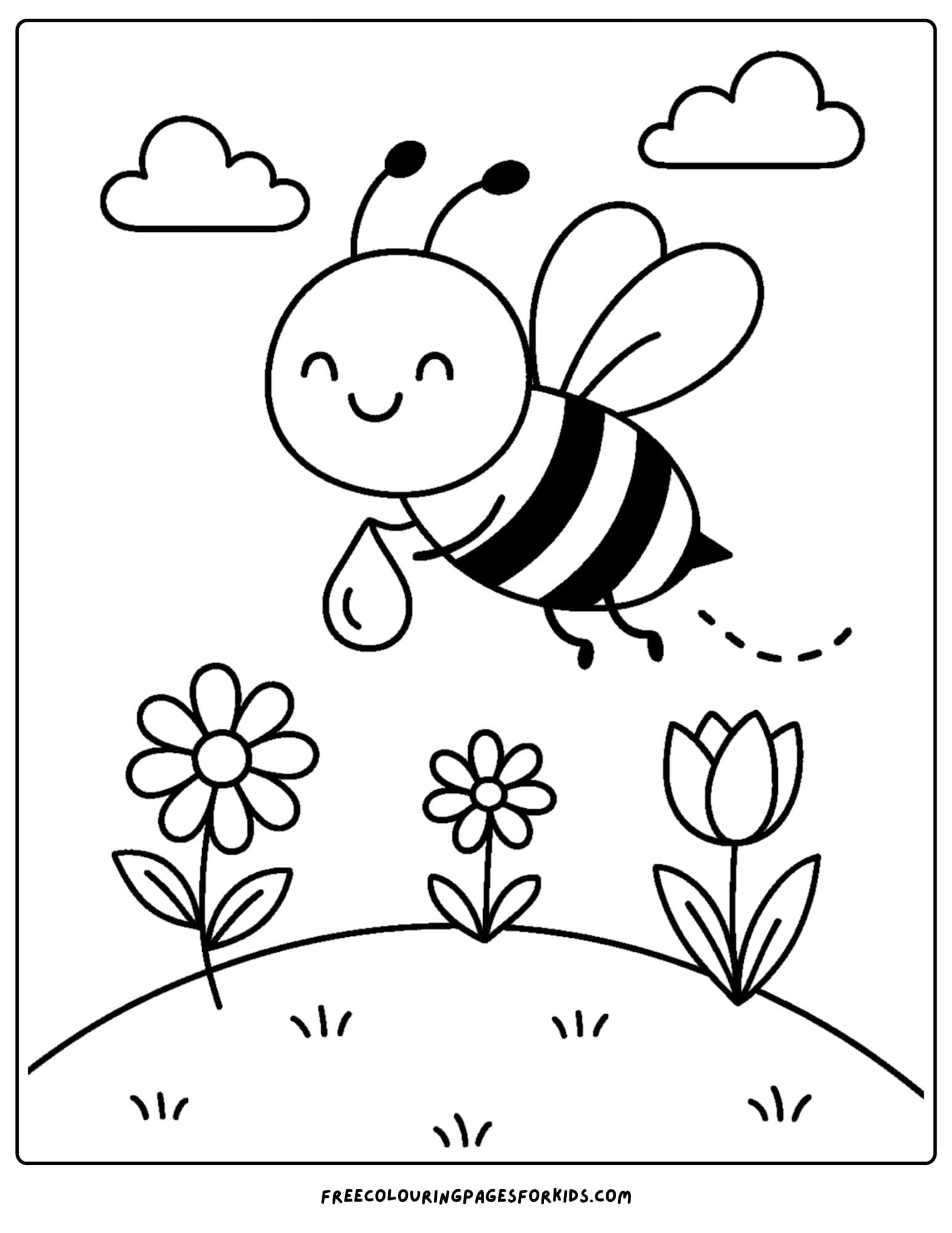 a bee coloring page featuring a bee flying over a meadow