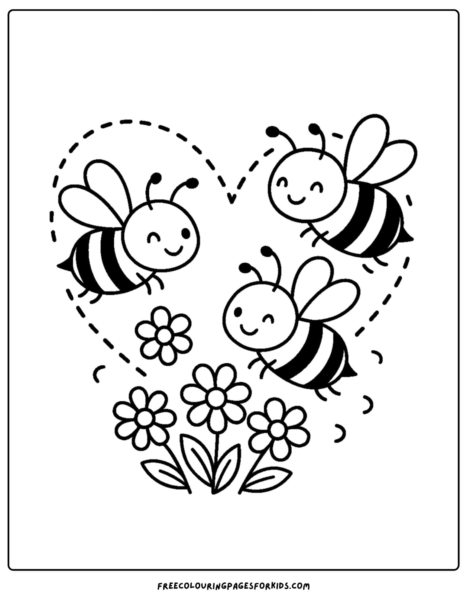 a bee coloring page featuring bees making a heart shape in the sky over flowers