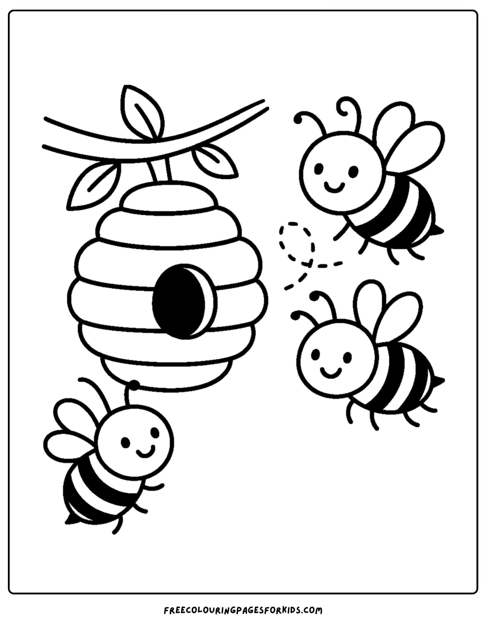 a bee coloring page featuring bees buzzing around a hive