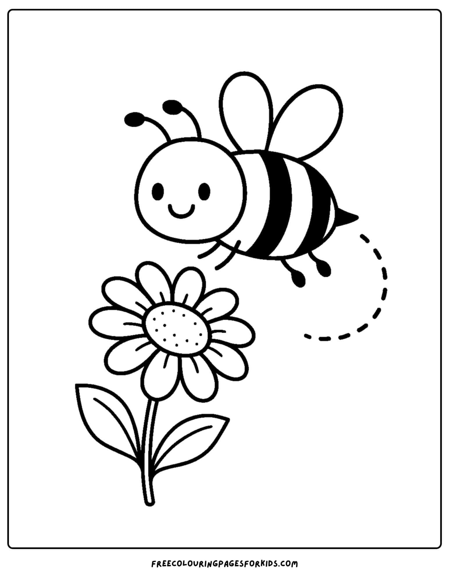 a bee coloring page featuring a bee hovering over a daisy