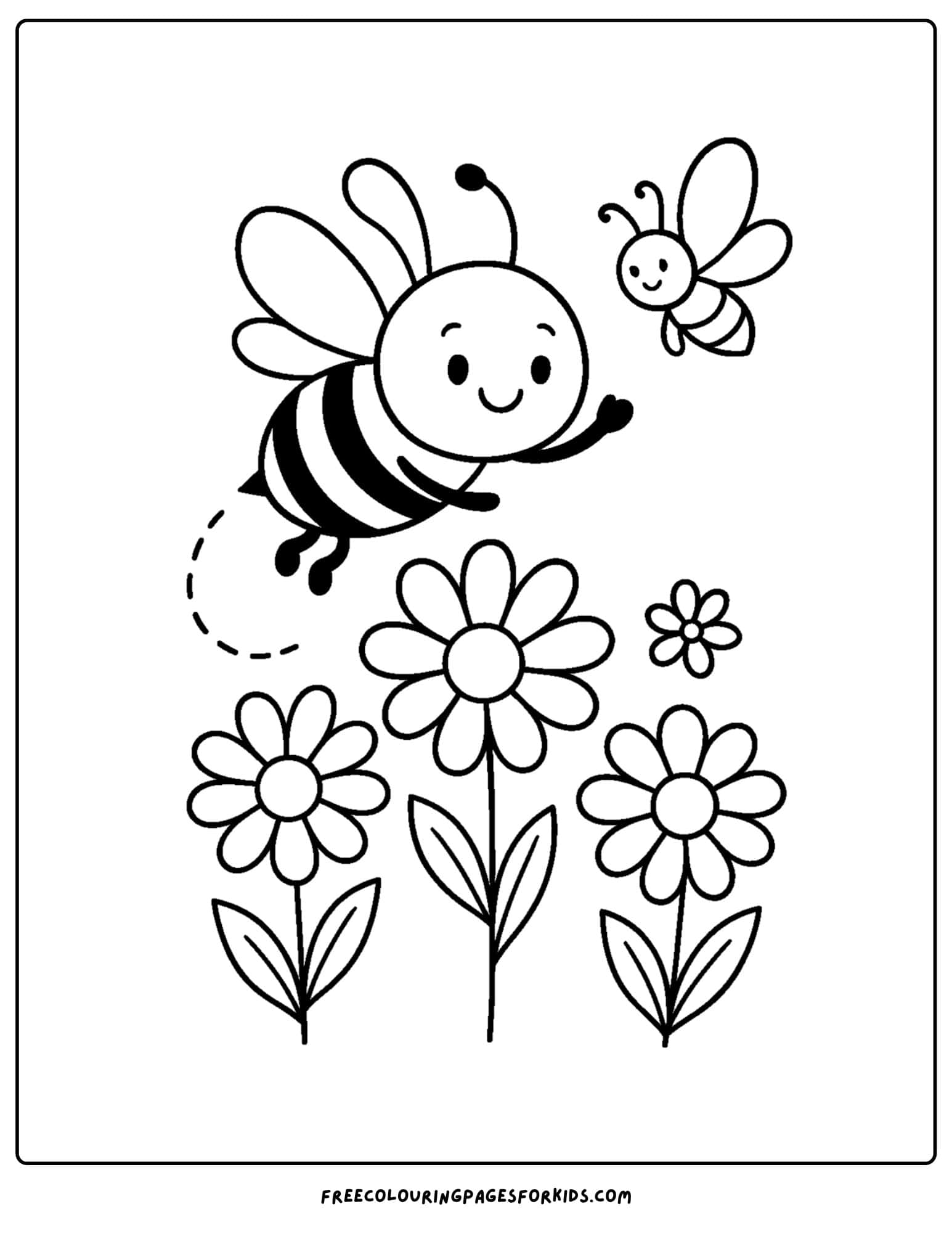 a bee coloring page featuring a bee flying over some flowers