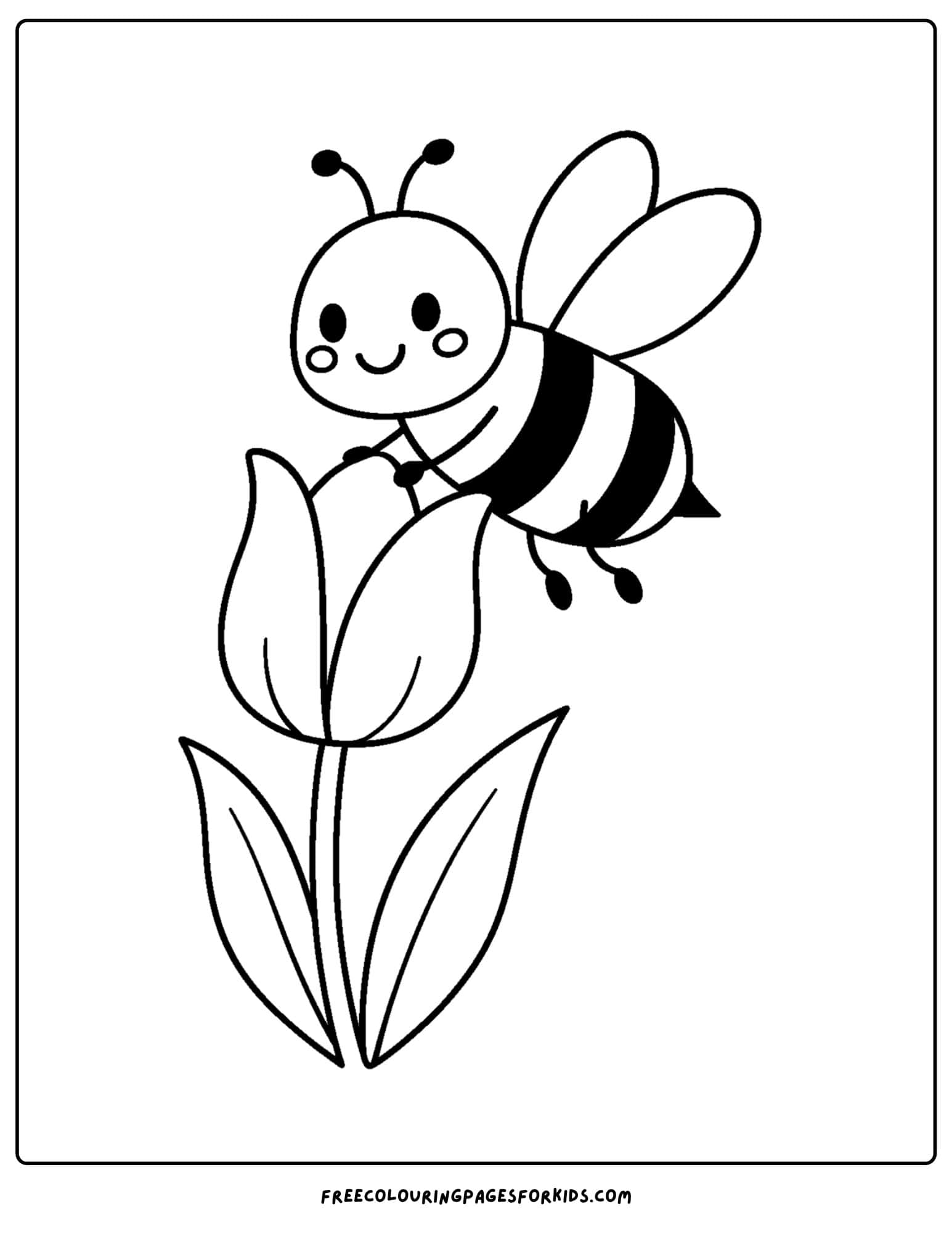 a bee coloring page featuring a bee landing on a tulip