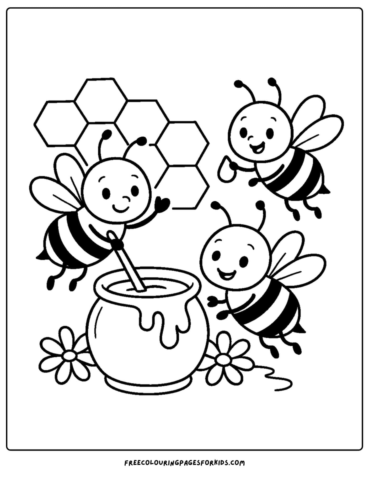 a bee coloring page featuring bees making honey