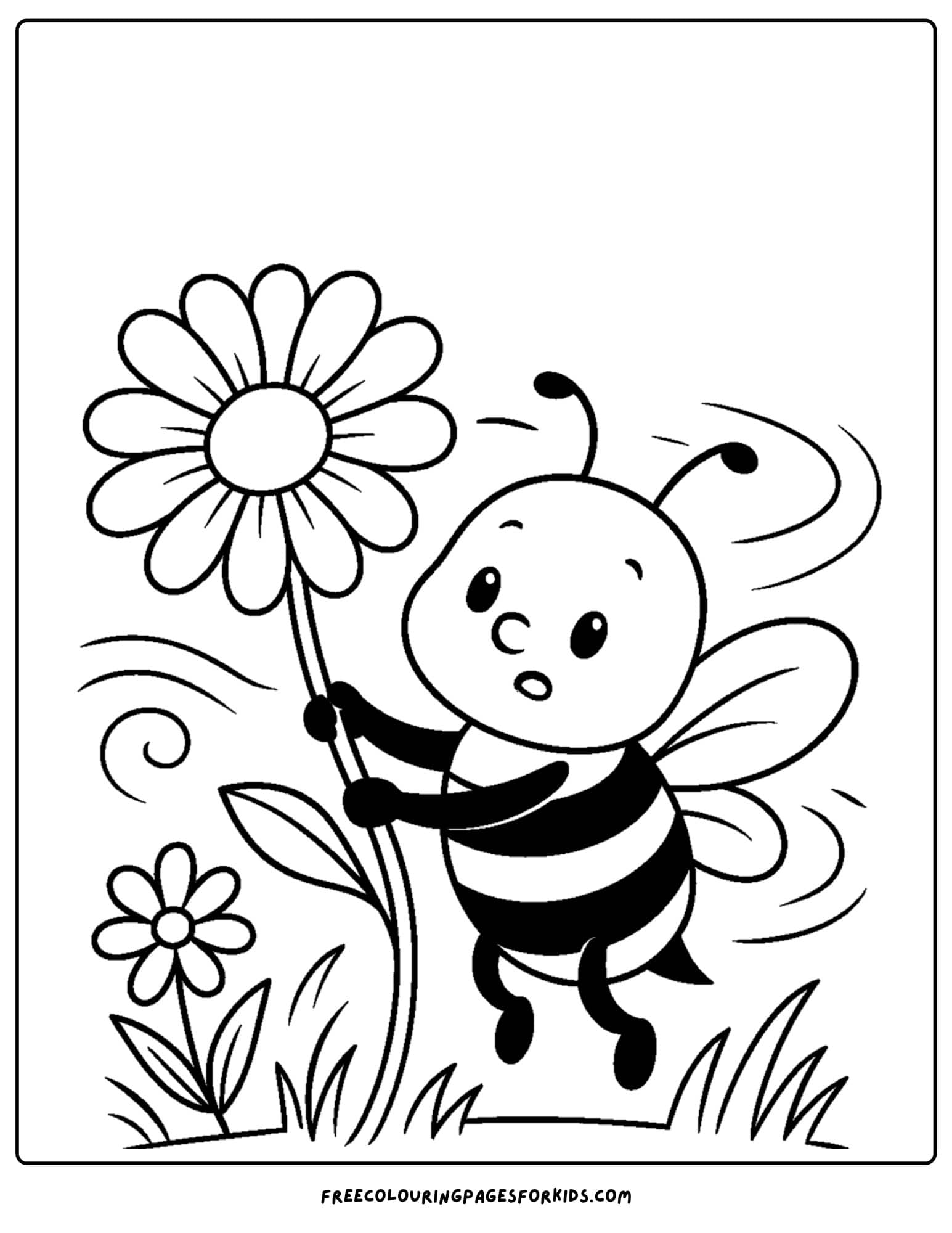 a bee coloring page featuring a bee and a flower on a windy day