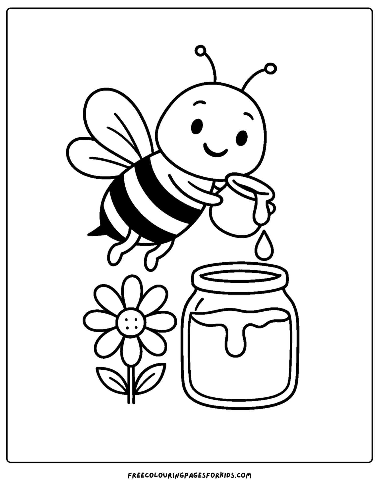 a bee coloring page featuring a bee pouring honey into a jar