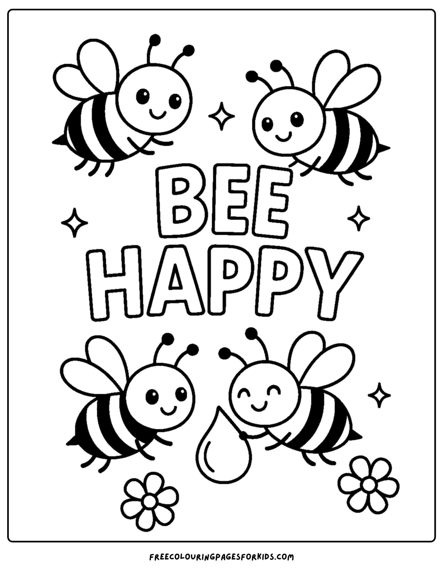 a bee coloring page featuring a bee happy sign with bees flying around it