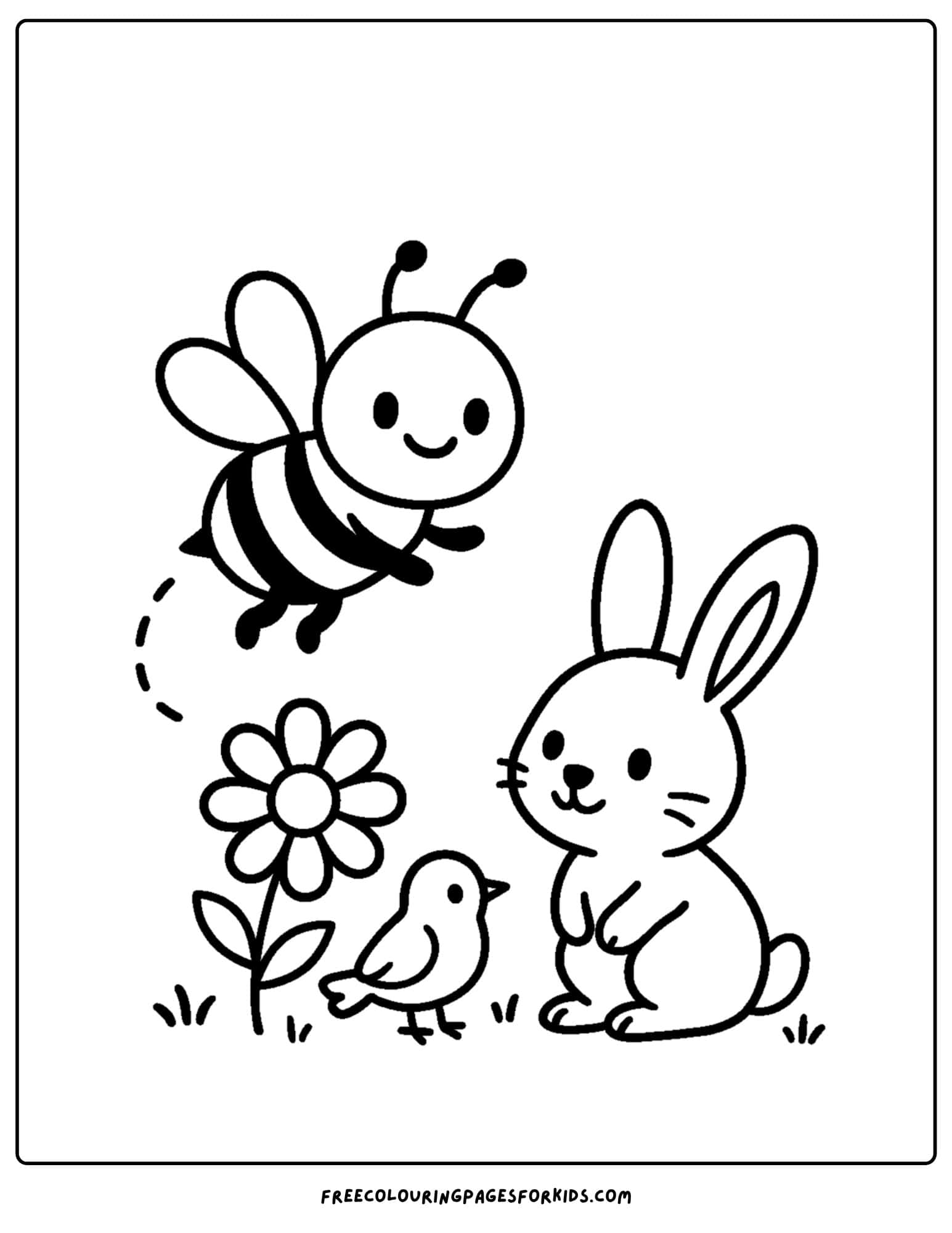 a bee coloring page featuring a bee flying over a flower a bird and a rabbit