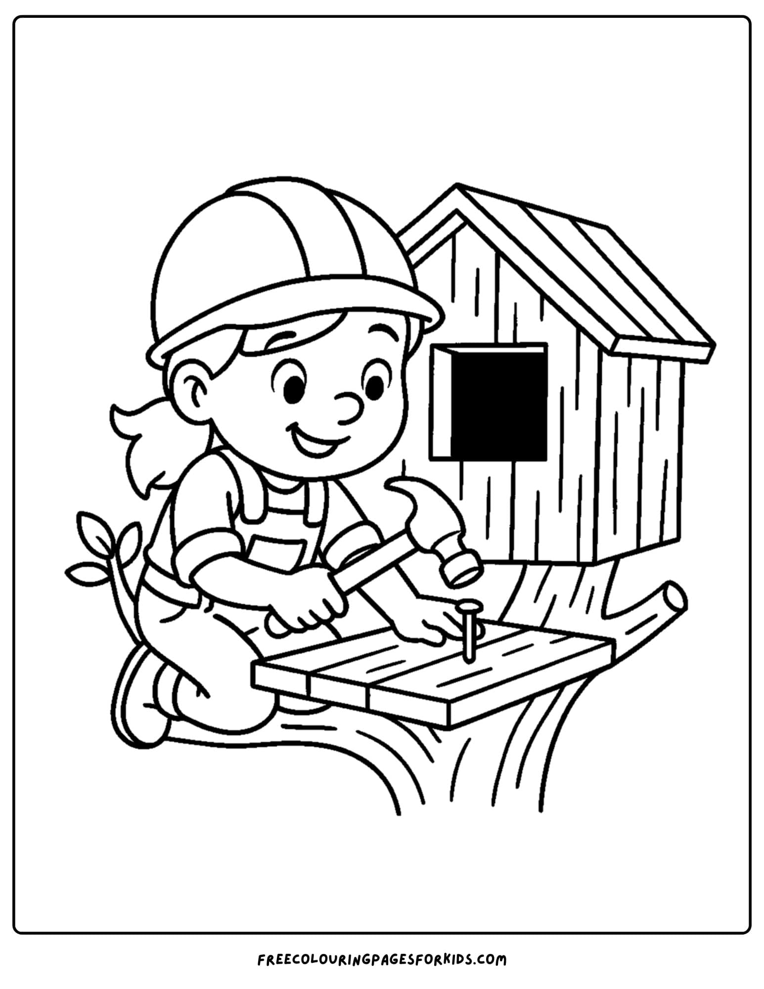 A builder coloring page showing a builder building a treehouse