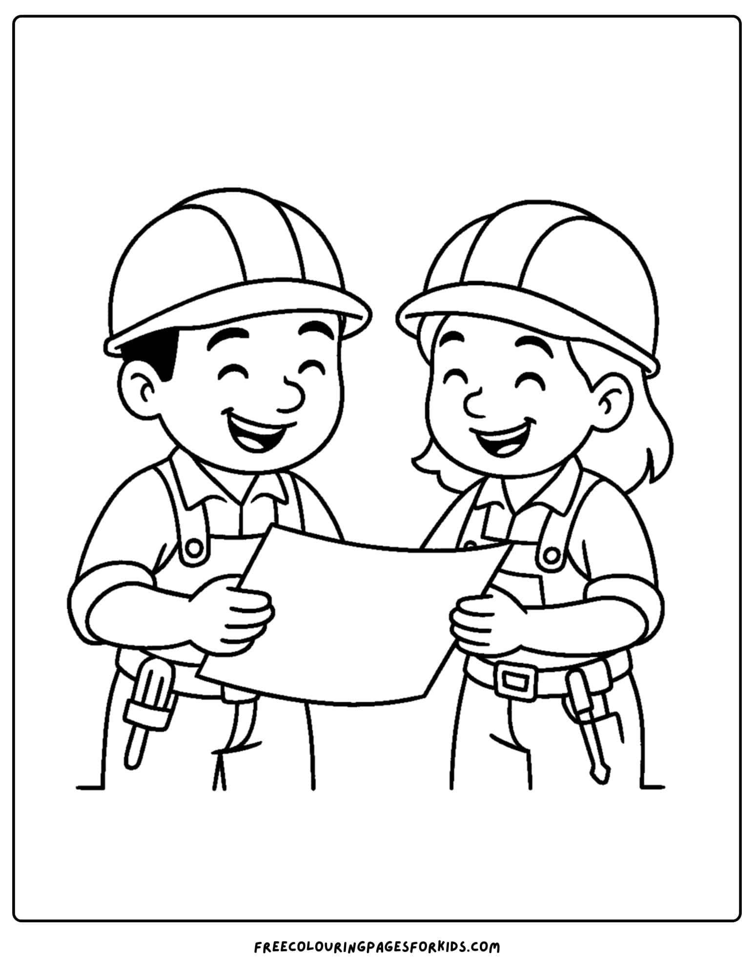 Builder coloring page with builder inspecting plans