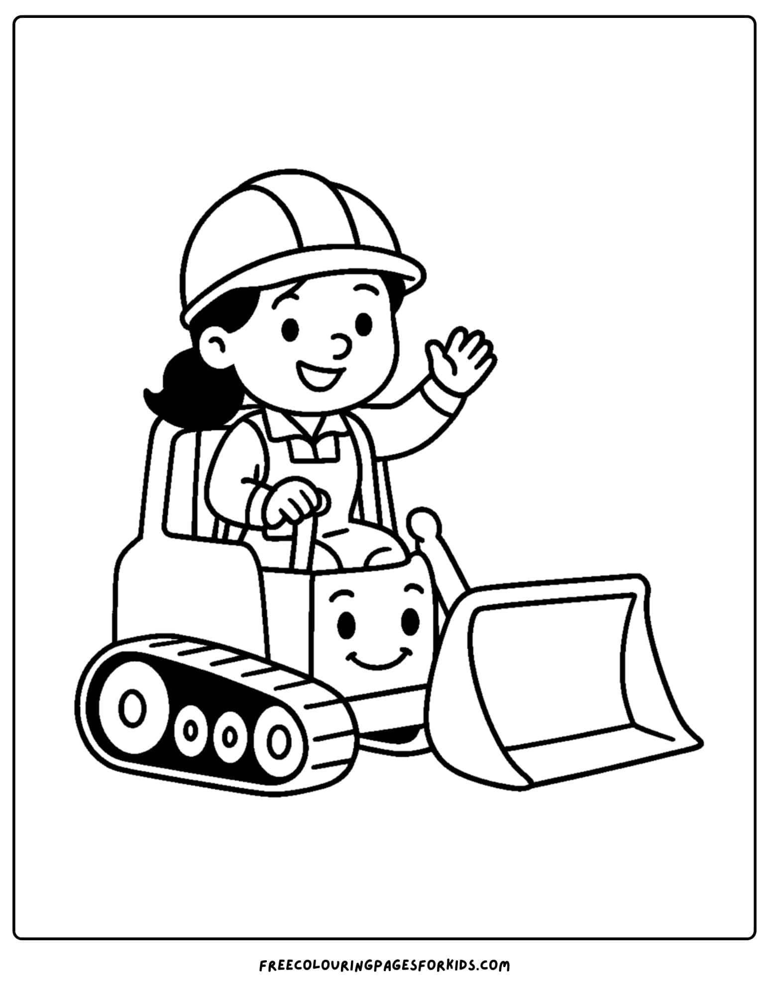 A builder coloring page featuring a builder driving a mini bulldozer