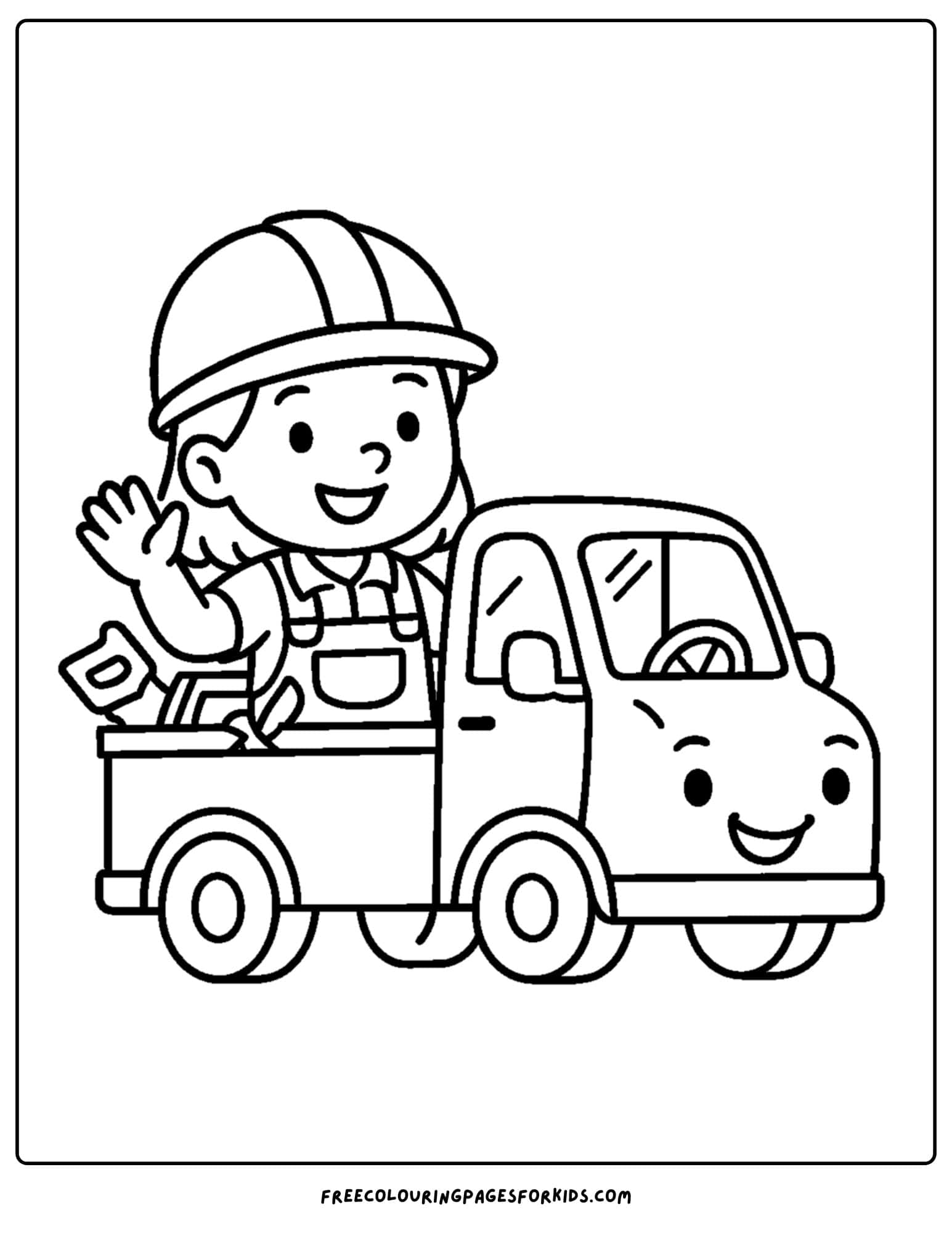 Builder coloring page with a builder sitting on the back of a truck holding tools