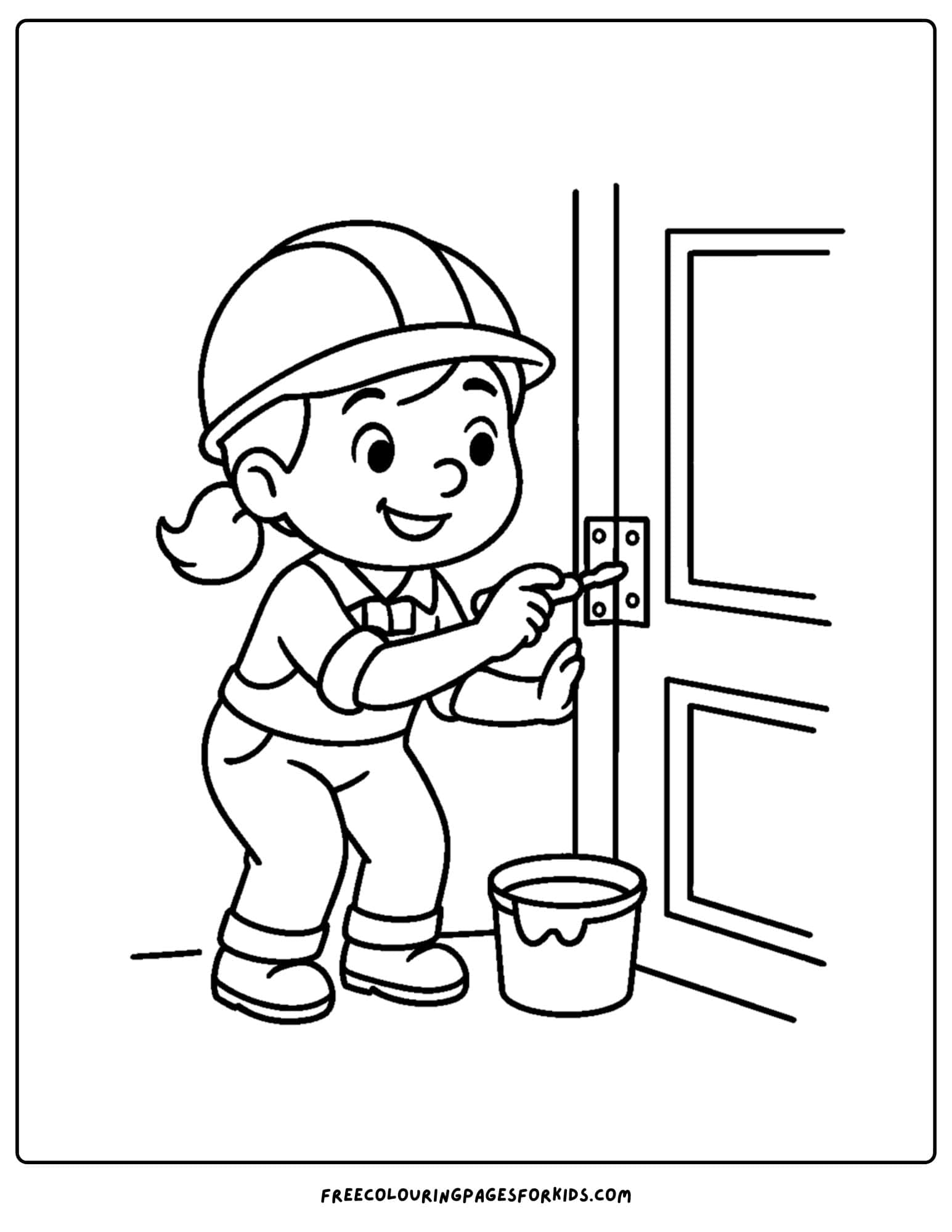 A builder coloring page featuring a builder repairing a door