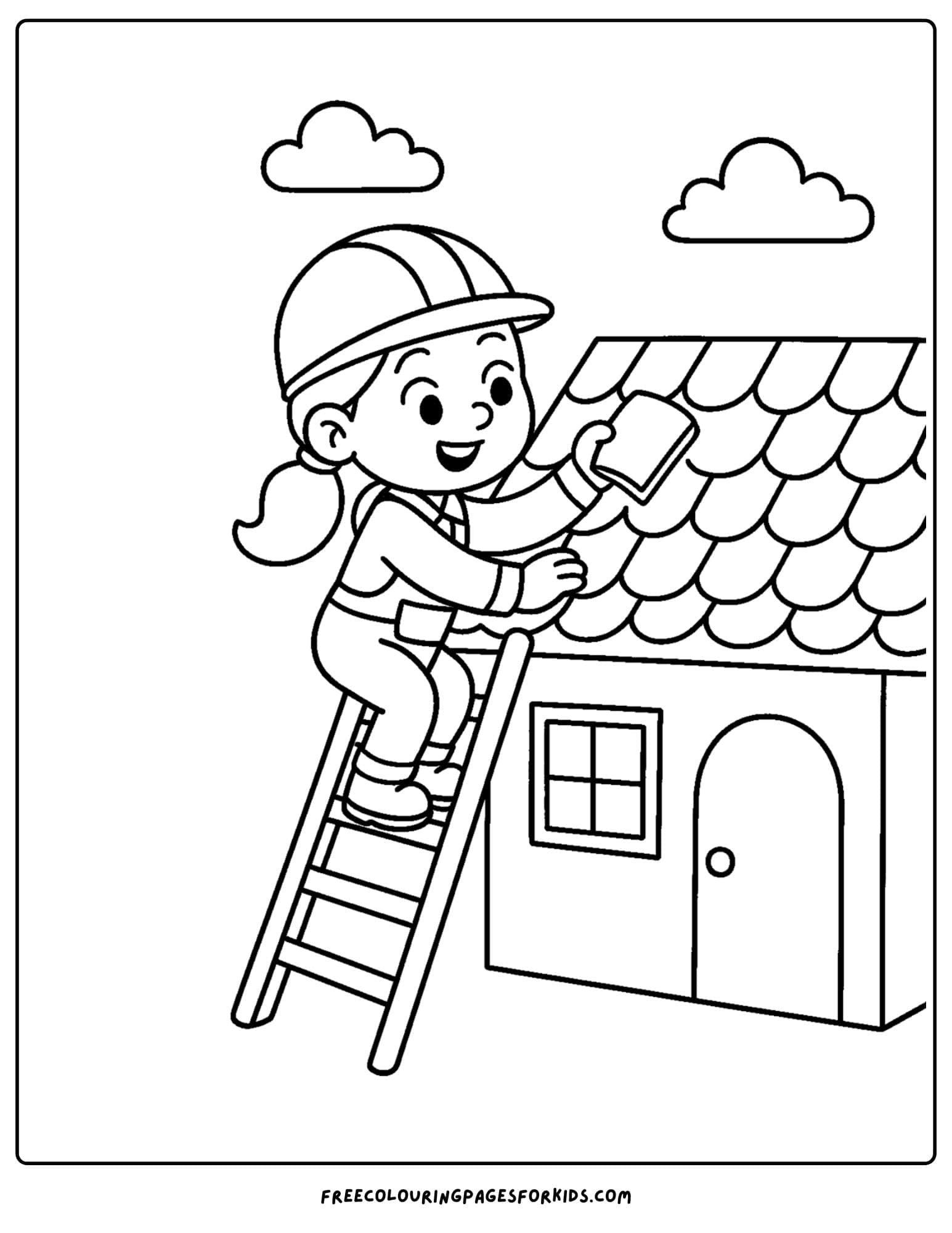 A builder coloring page featuring a builder repairing the roof