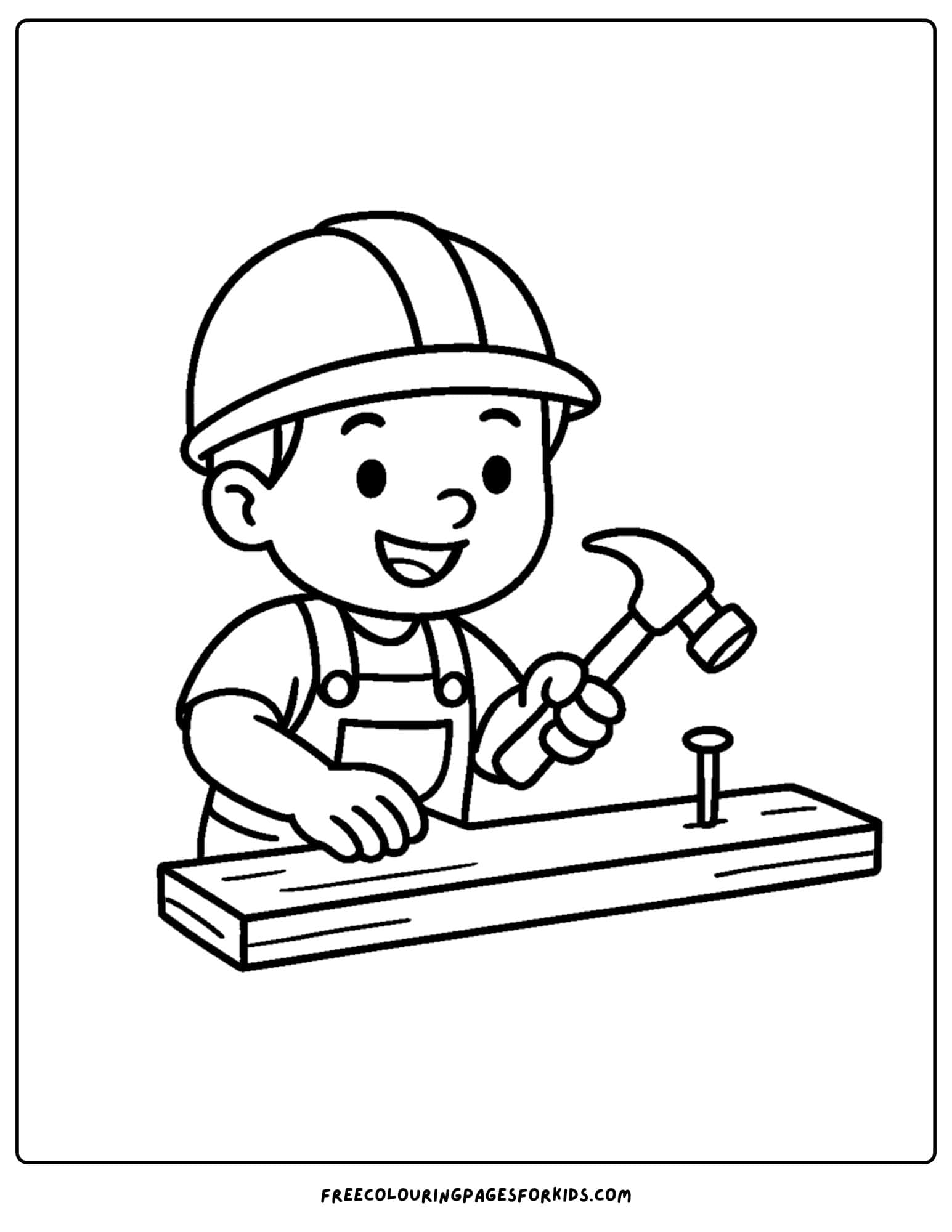 A builder coloring page featuring a builder hammering nails