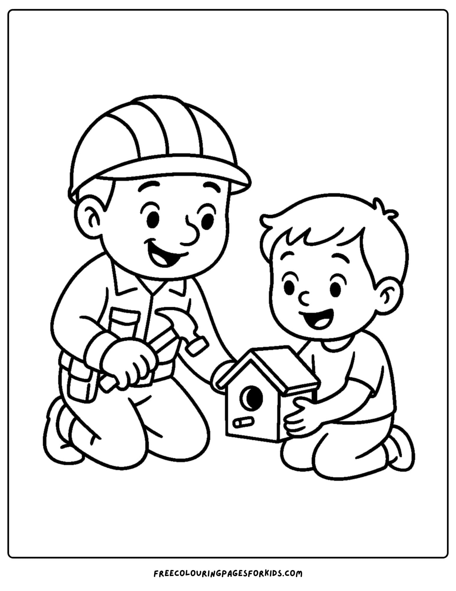 A builder coloring page featuring a builder and a child building a birdhouse together