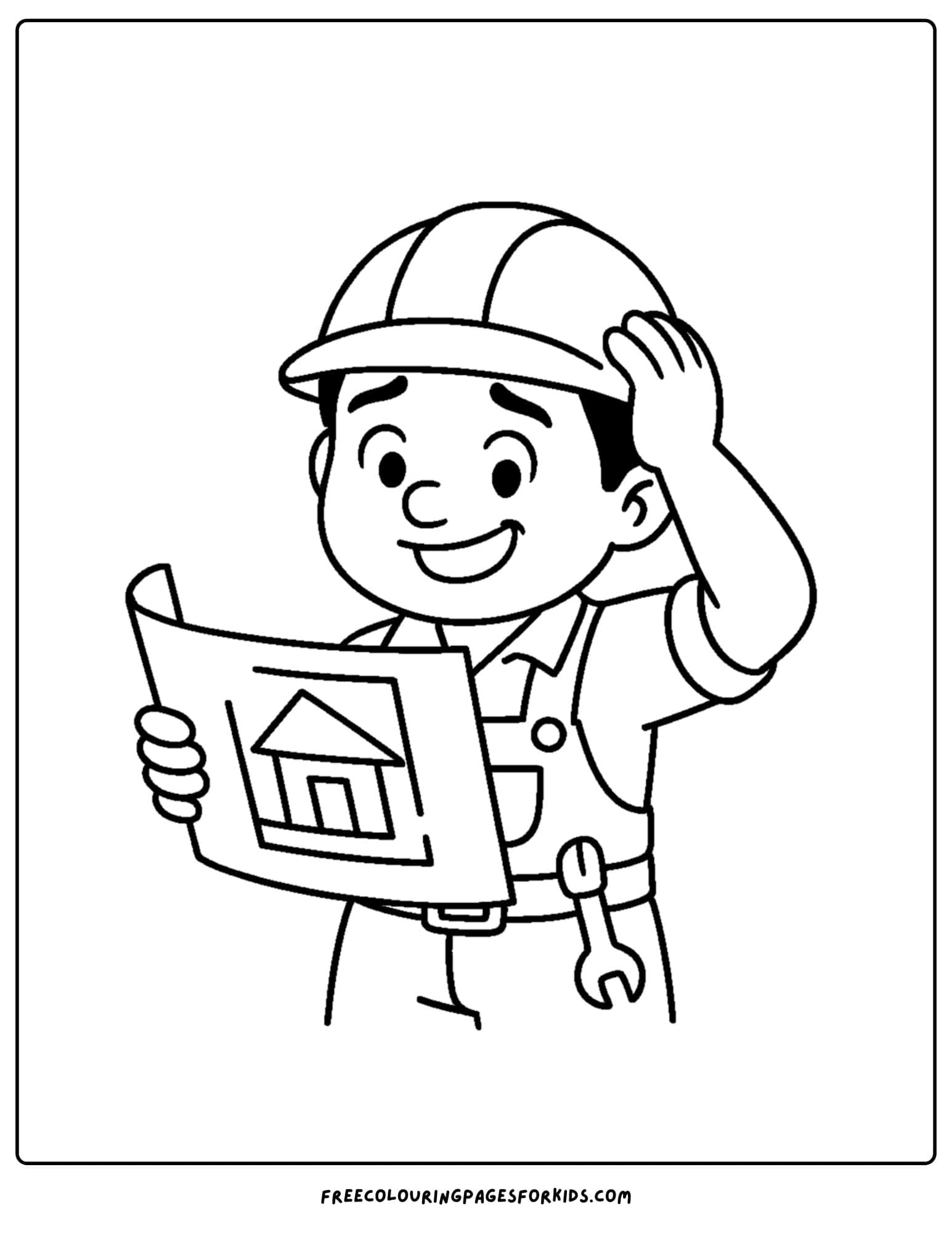 A builder coloring page in which a builder holds a blueprint upside down and looks confused