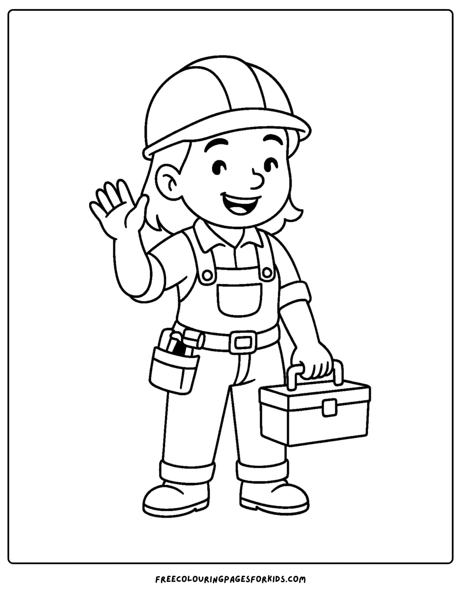 A builder coloring page in which a builder is holding a toolbox and waving