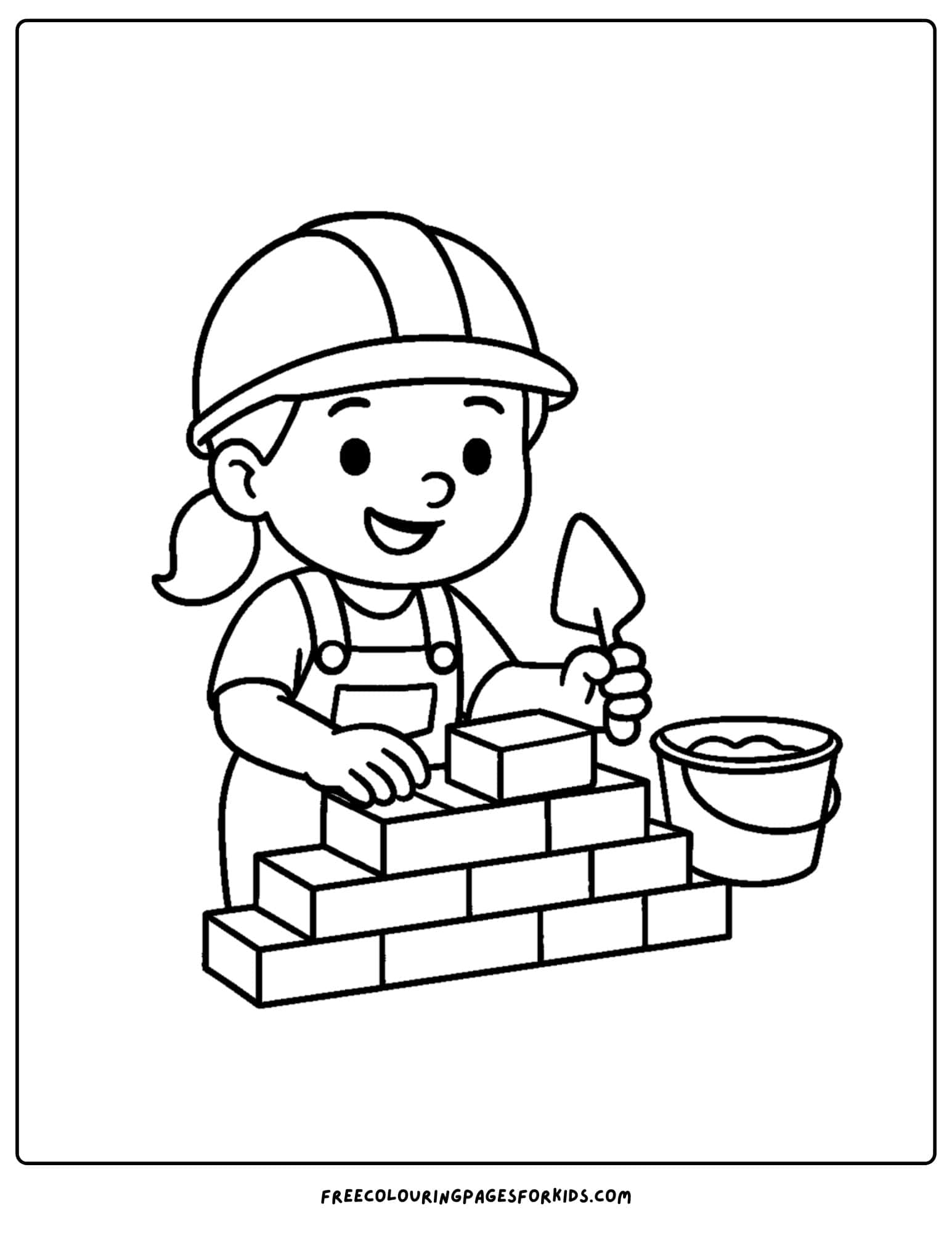A builder coloring page in which a builder is laying some bricks
