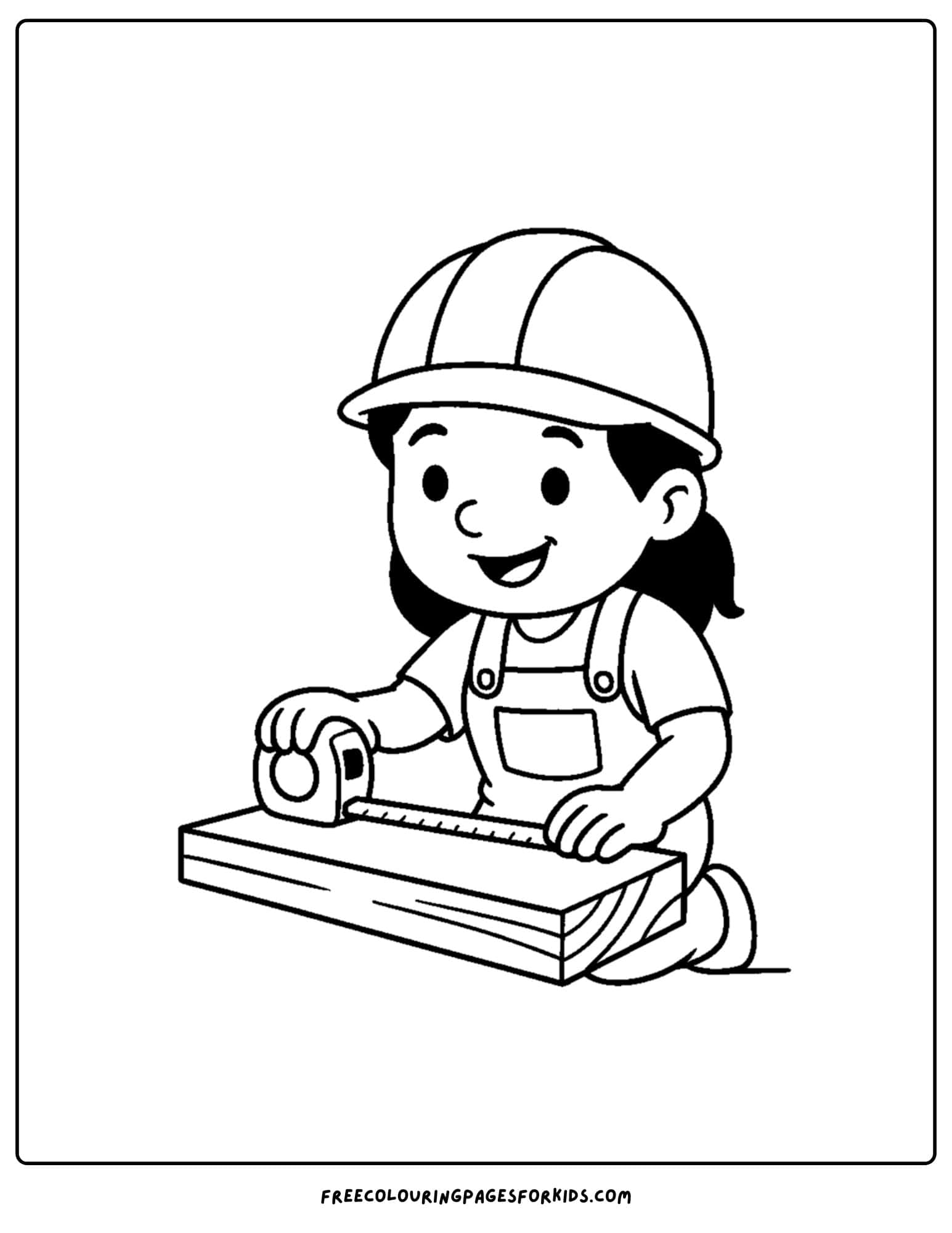 A builder coloring page in which a builder measures some lumber with a tape measure