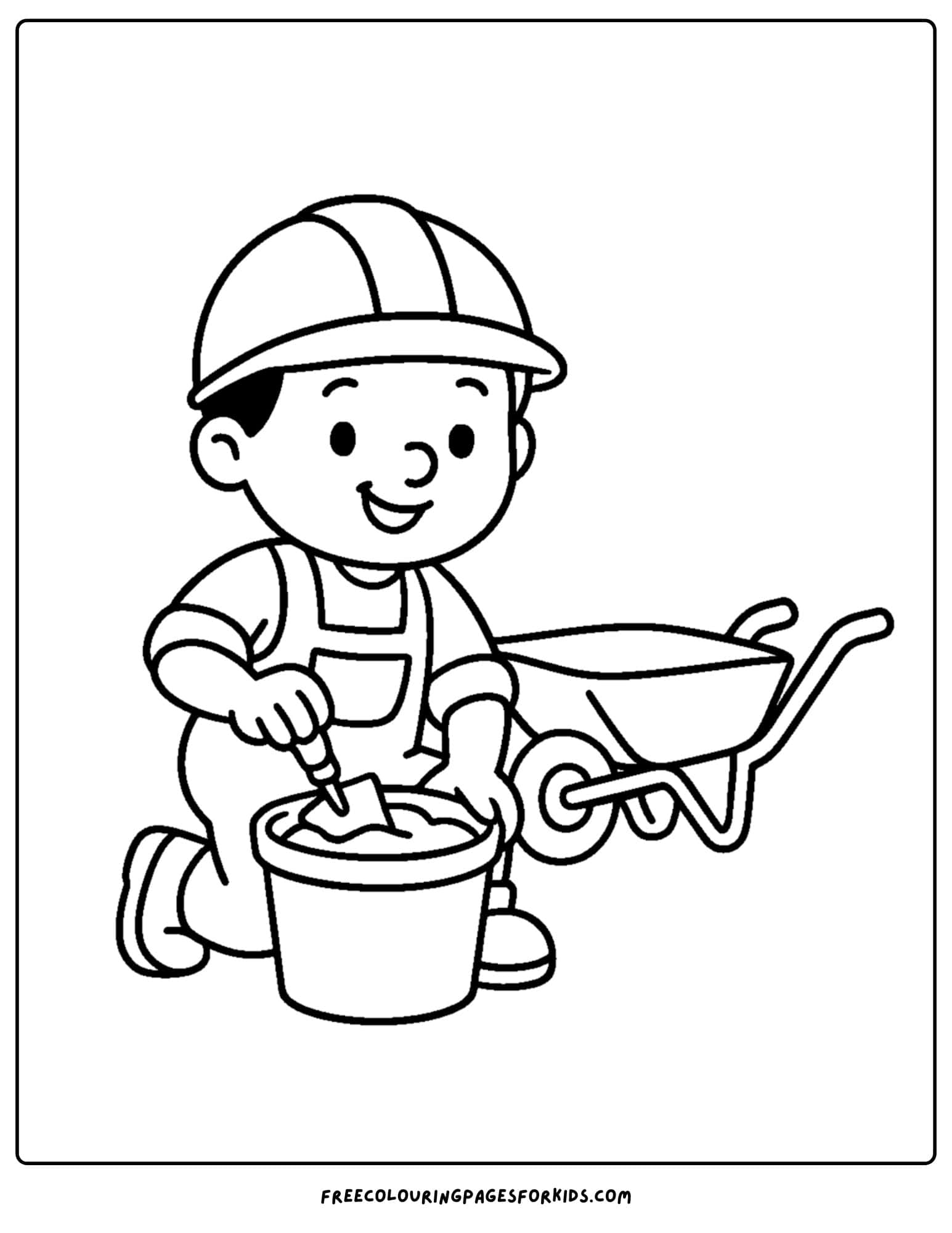 Construction worker coloring page in which a worker is mixing some cement