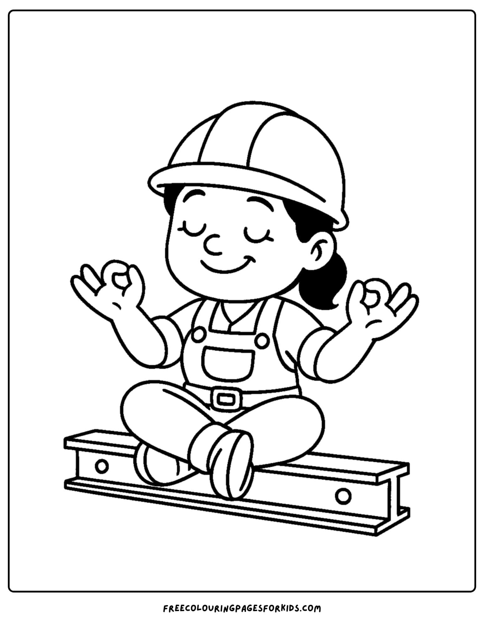 A builder coloring page in which a builder relaxes during his lunch break