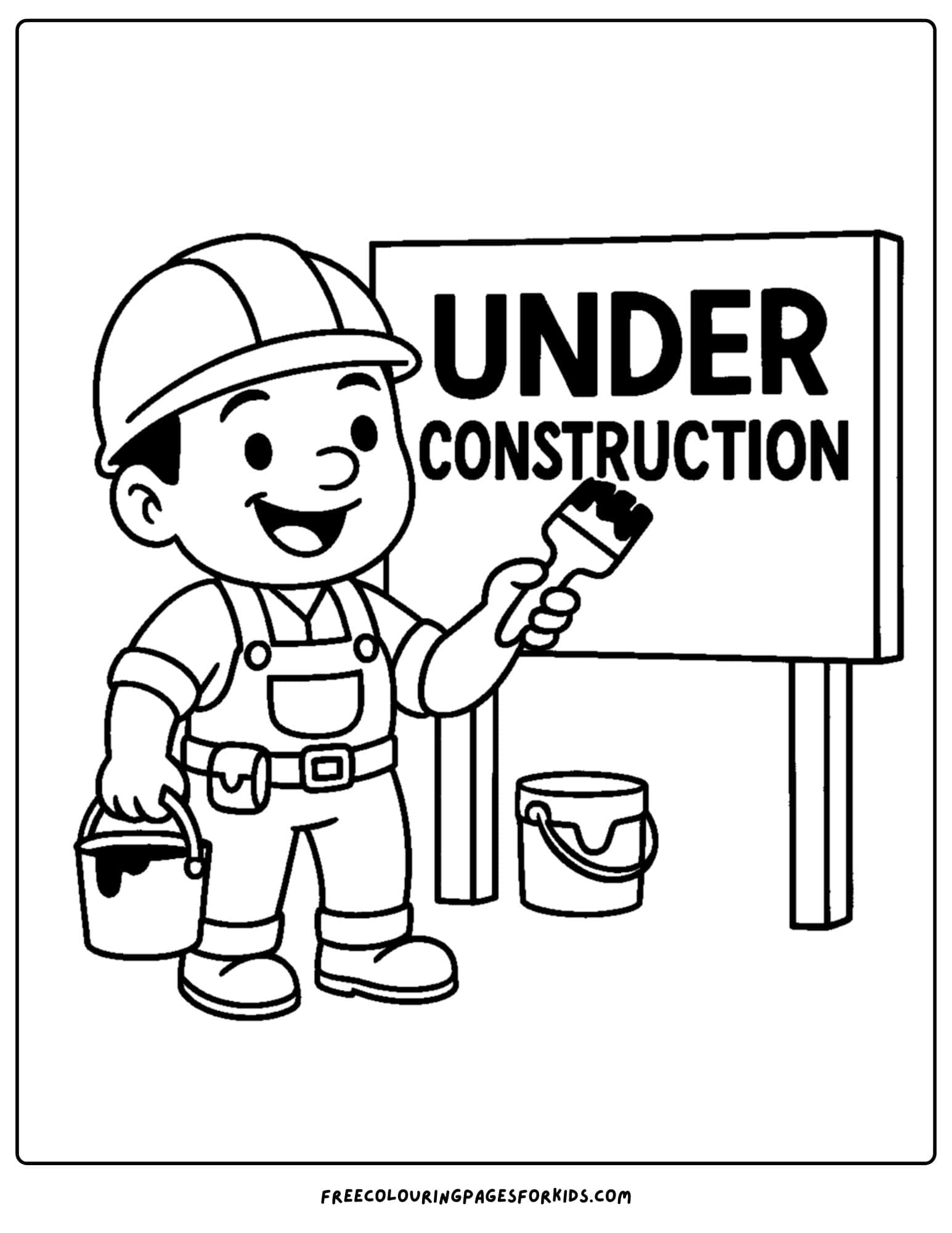 A builder coloring page in which a builder is drawing an under construction sign